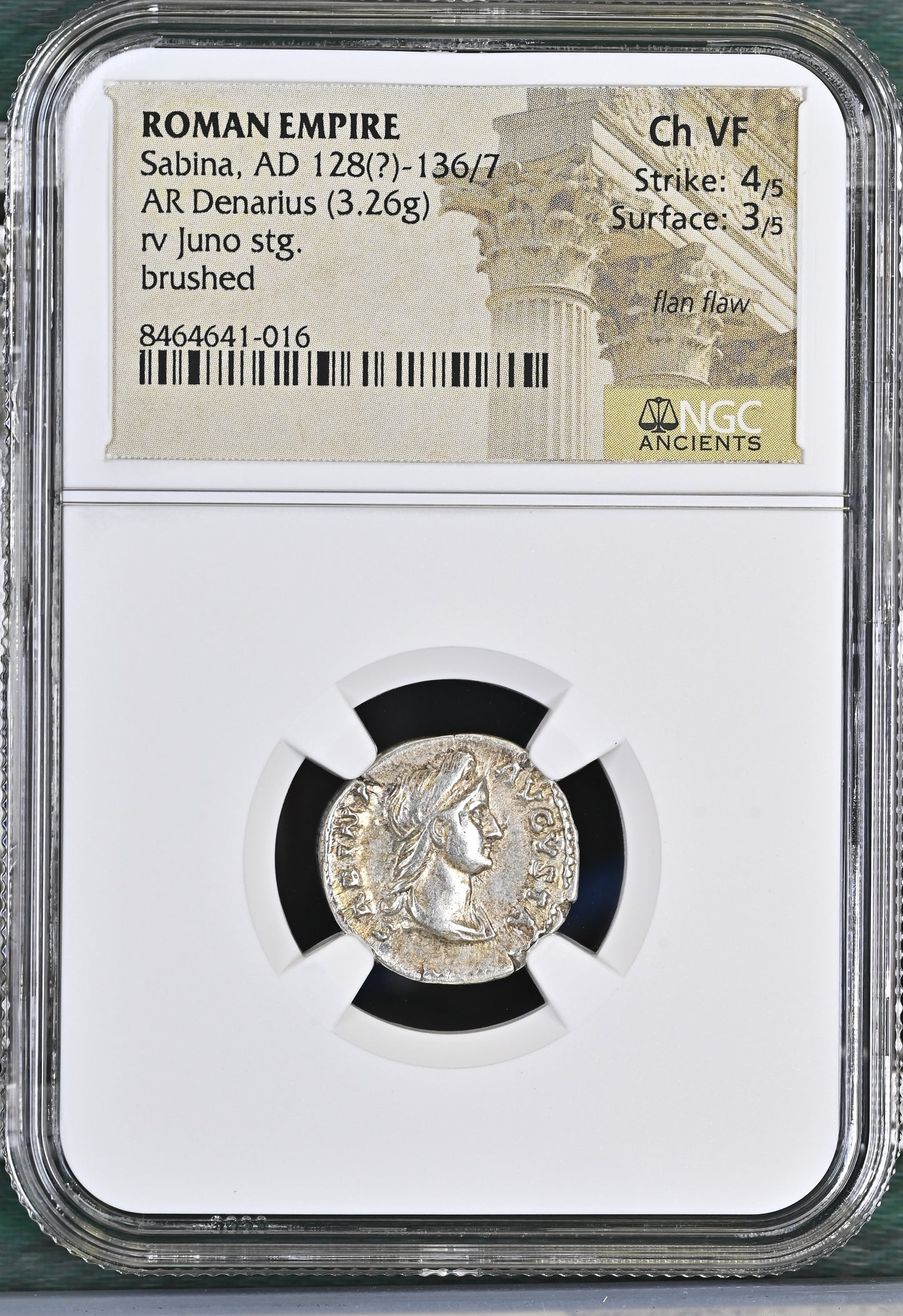 Roman Empire - Sabina - Silver Denarius - NGC Ch VF - RIC:2550