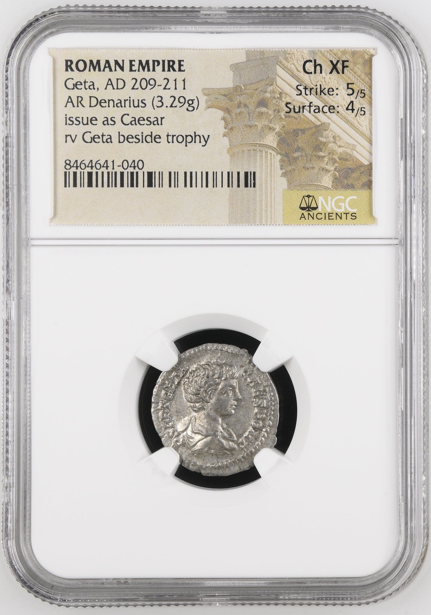 Roman Empire - Geta - Silver Denarius - NGC Ch XF - RIC:185