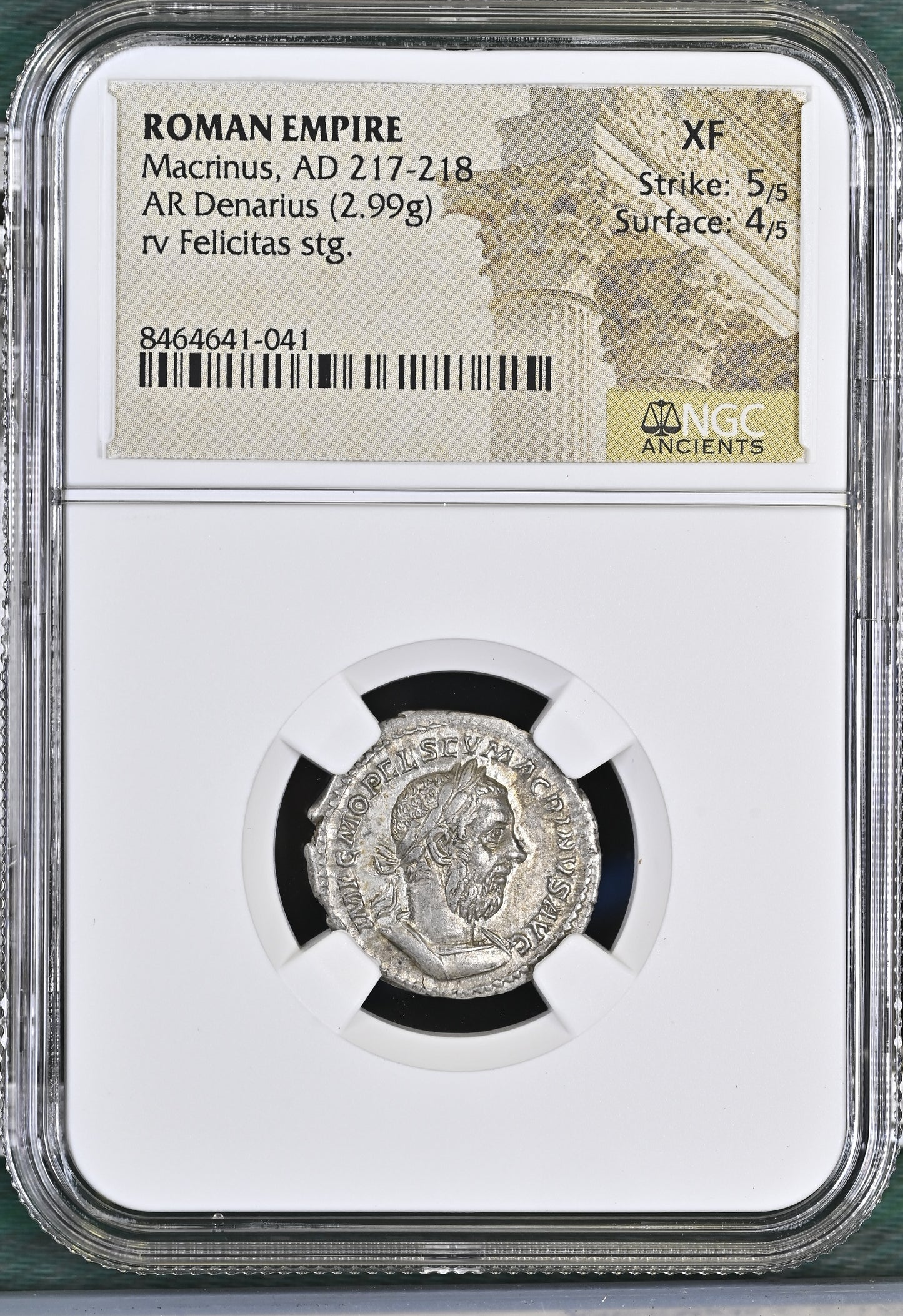 Roman Empire - Macrinus - Silver Denarius - NGC XF - RIC:21b
