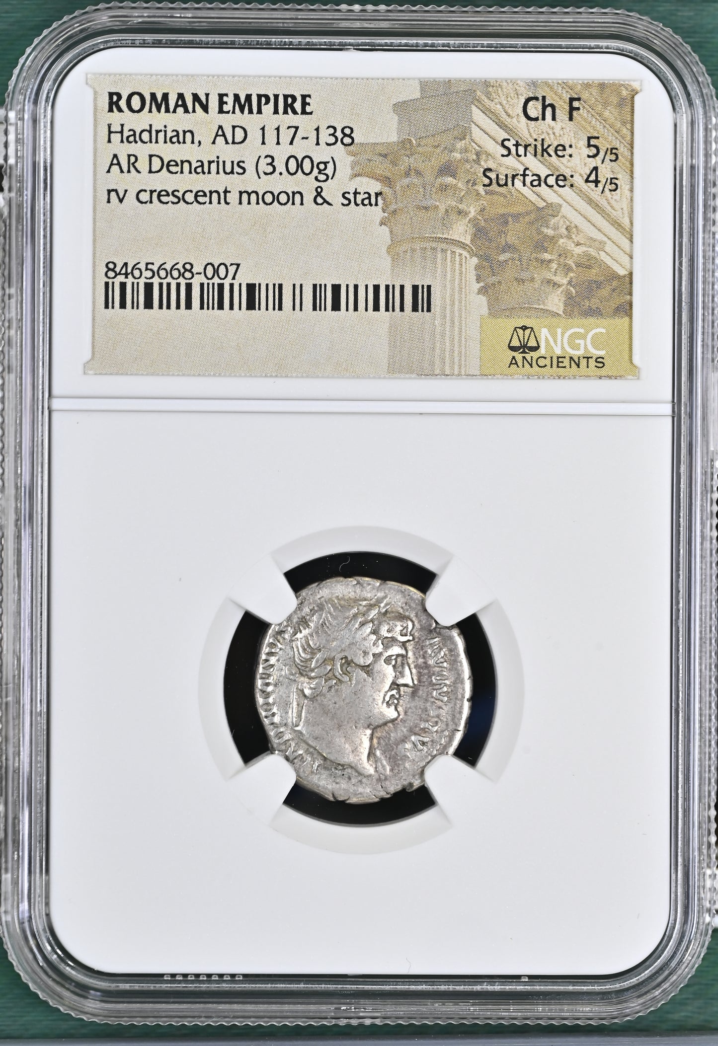 Roman Empire - Hadrian - Silver Denarius - NGC Ch F - RIC:864
