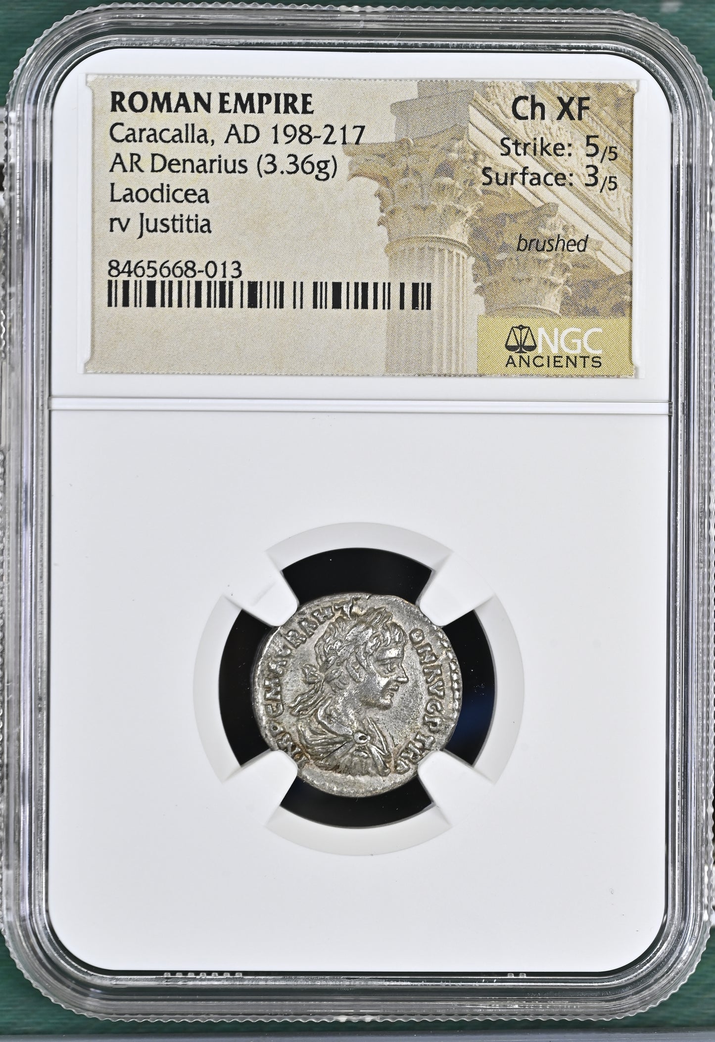 Roman Empire - Caracalla - Silver Denarius - NGC Ch XF - RIC:335
