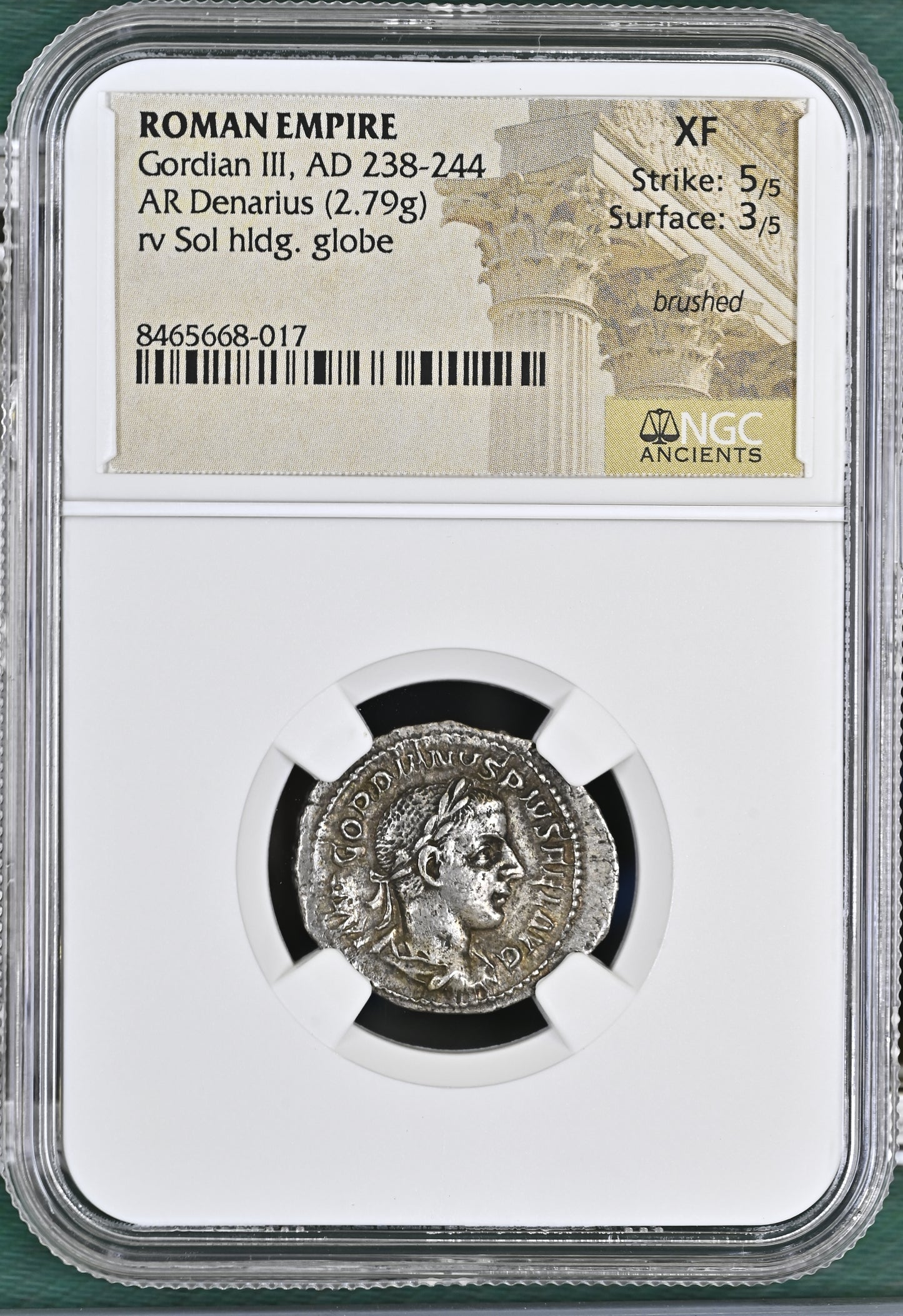 Roman Empire - Gordian III - Silver Denarius - NGC XF