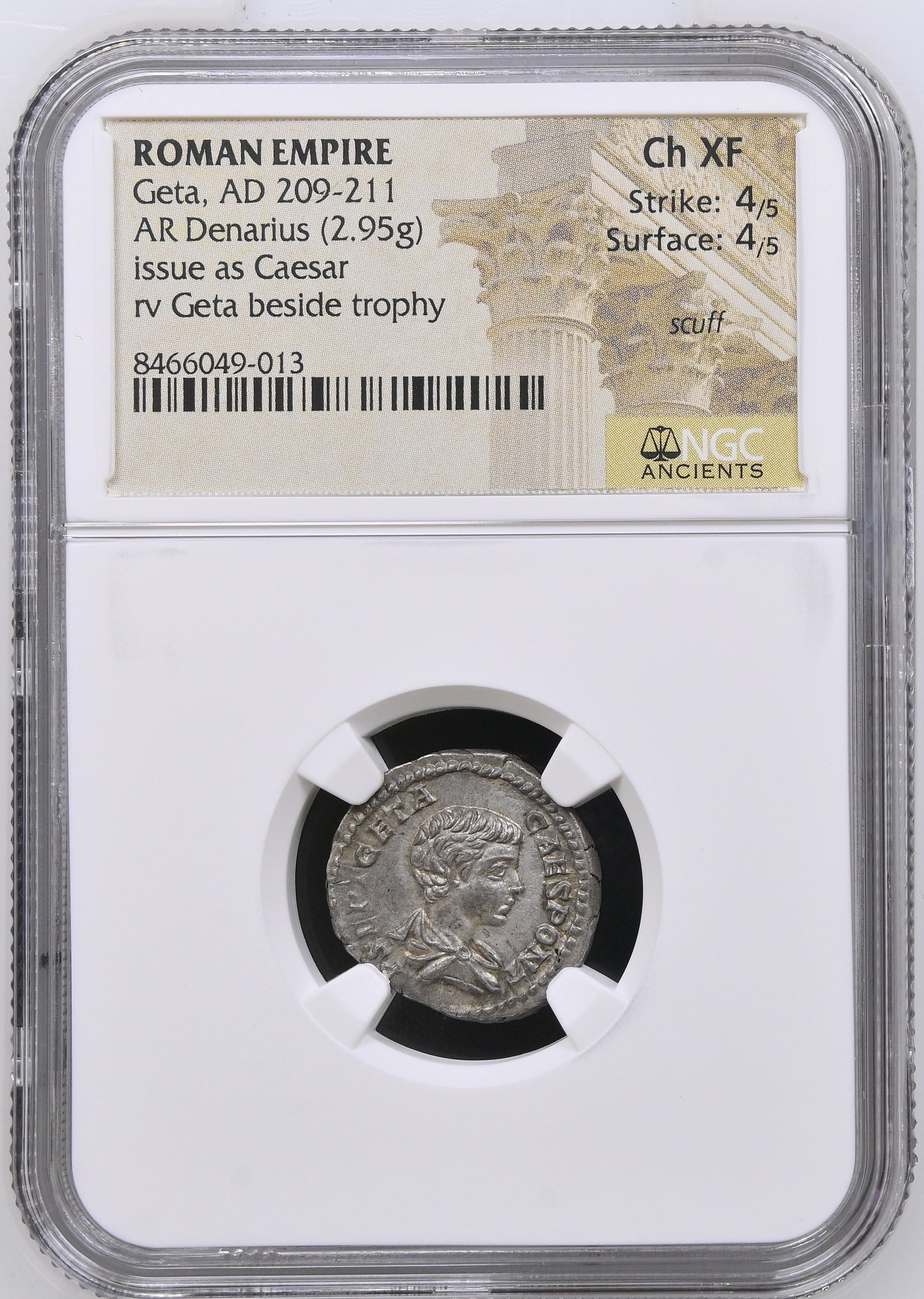 Roman Empire - Geta - Silver Denarius - NGC Ch XF - RIC:18