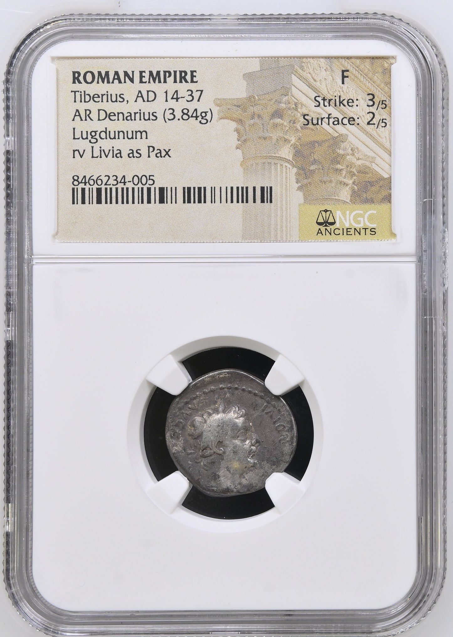 Roman Empire - Tiberius - Silver Denarius - NGC F - RIC:30