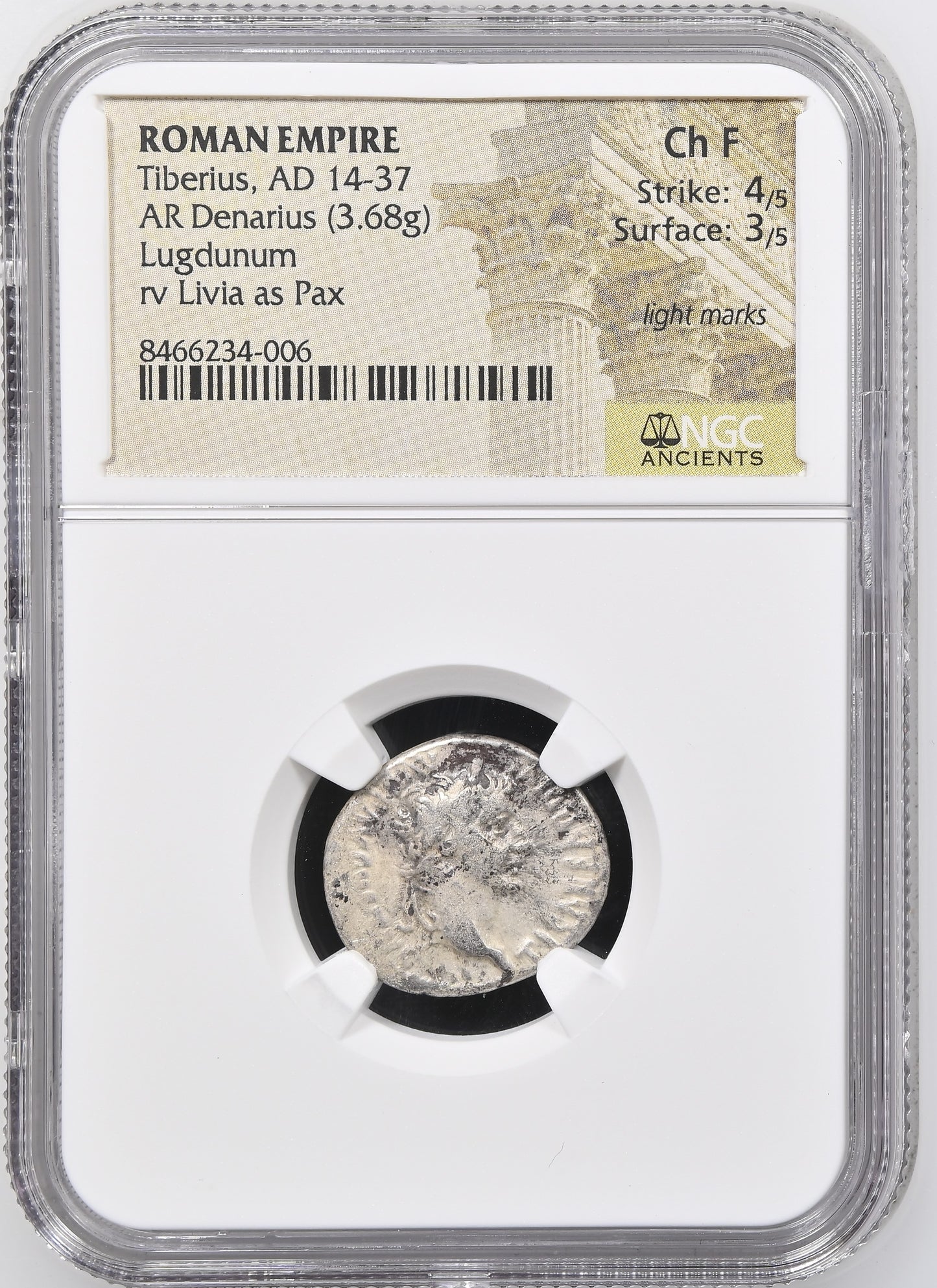 Roman Empire - Tiberius - Silver Denarius - NGC Ch F - RIC:30