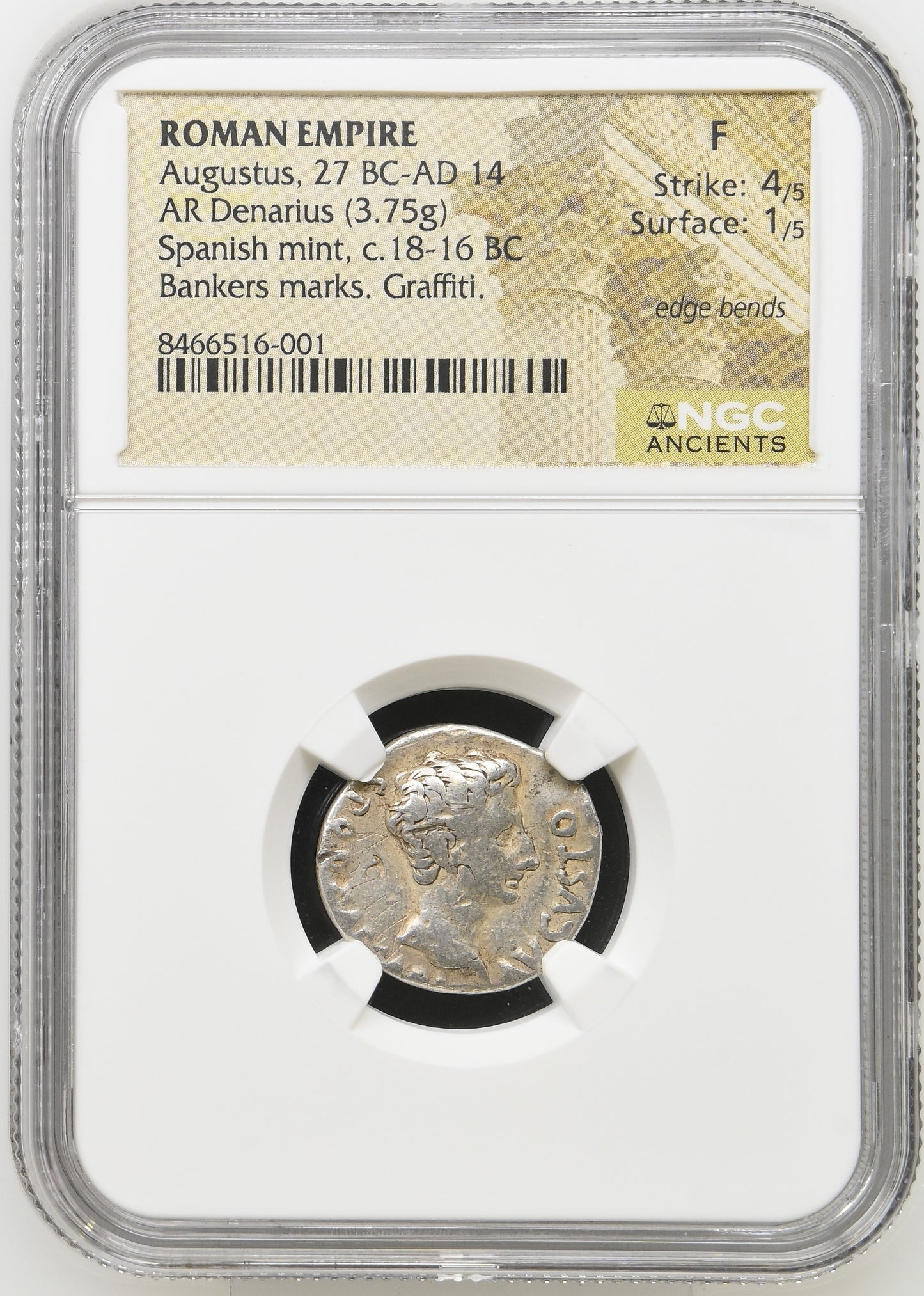 Roman Empire - Augustus - Silver Denarius - NGC F - RIC:150a