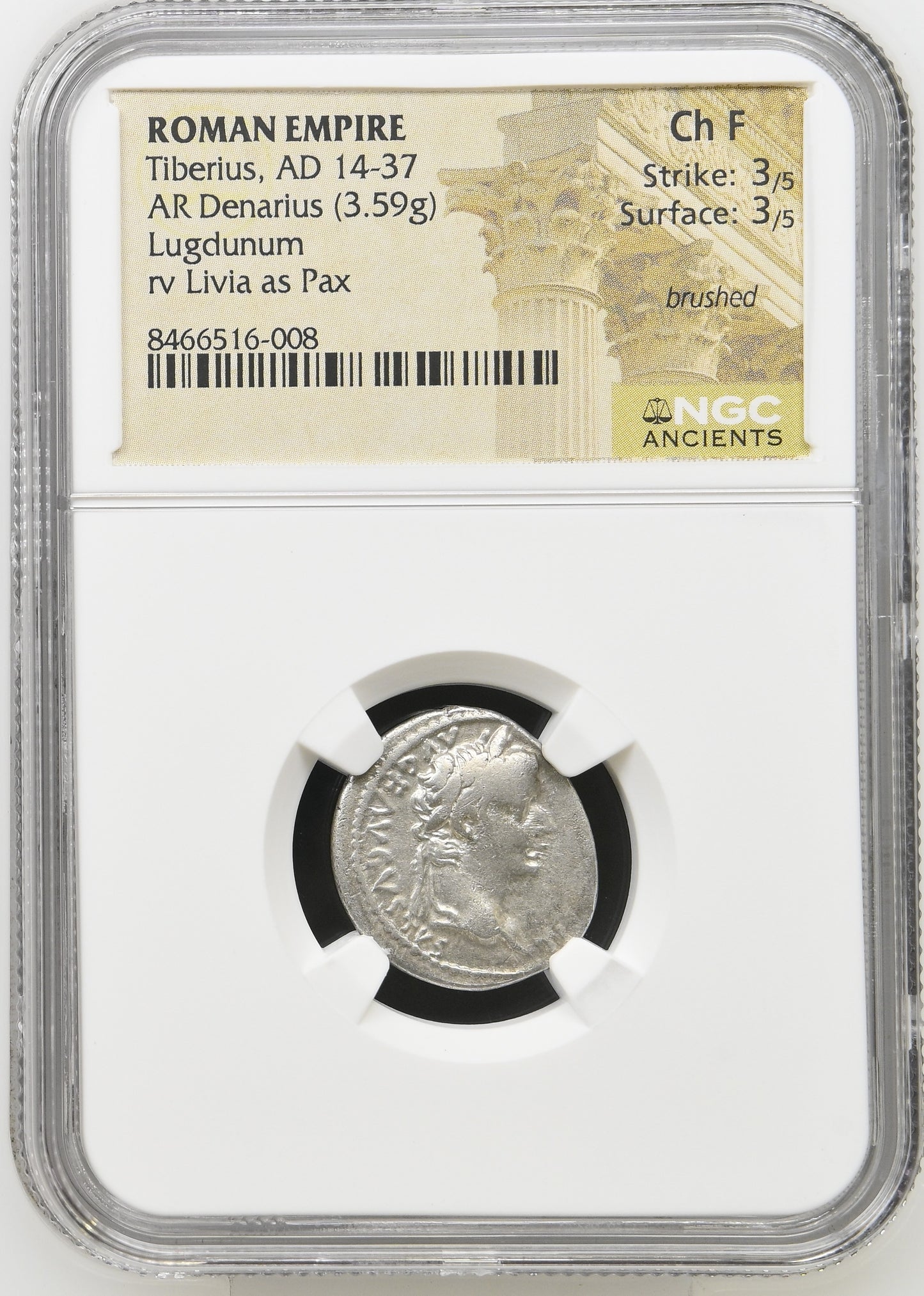 Roman Empire - Tiberius - Silver Denarius - NGC Ch F - RIC:30