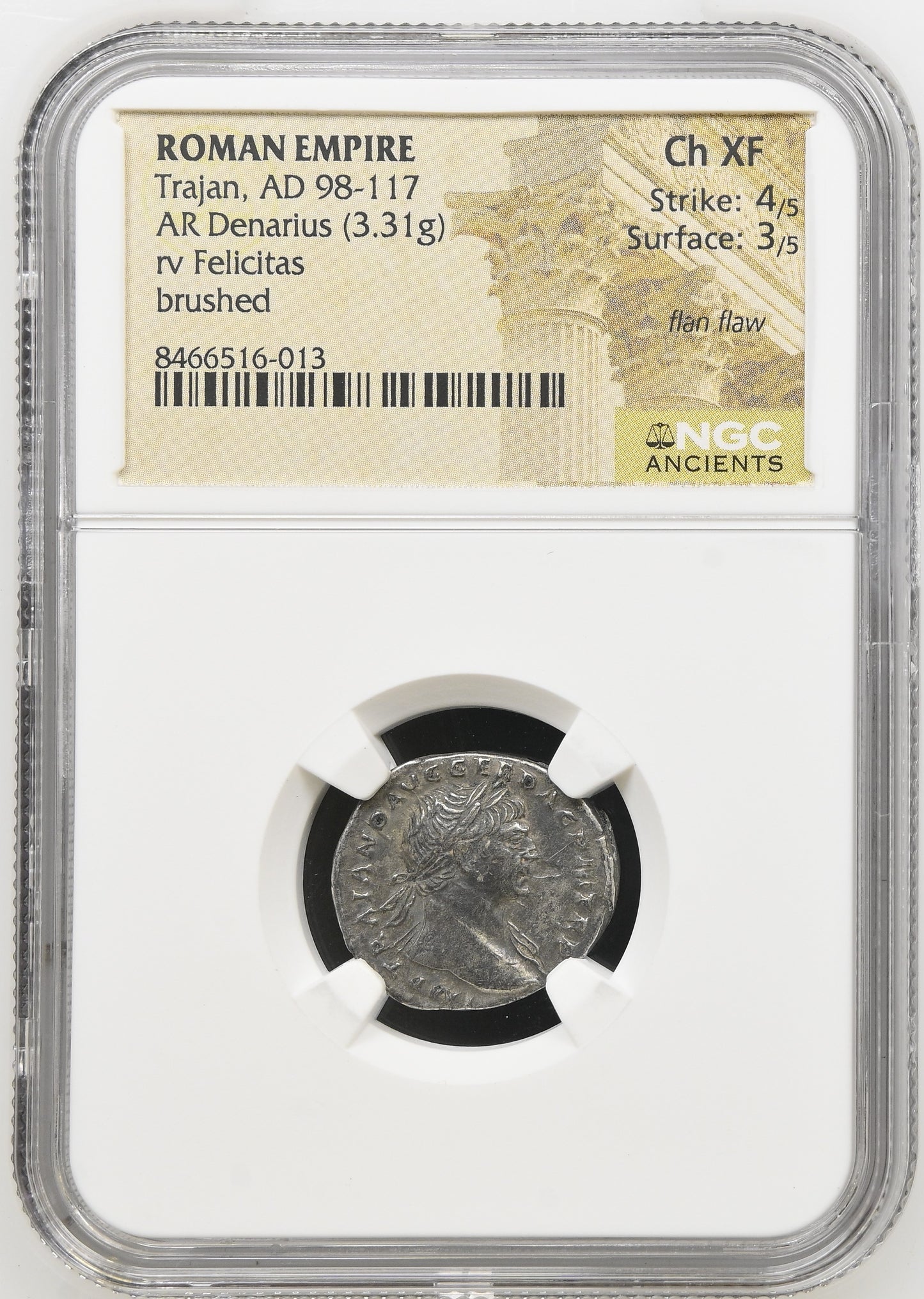 Roman Empire - Trajan - Silver Denarius - NGC Ch XF - RIC:121