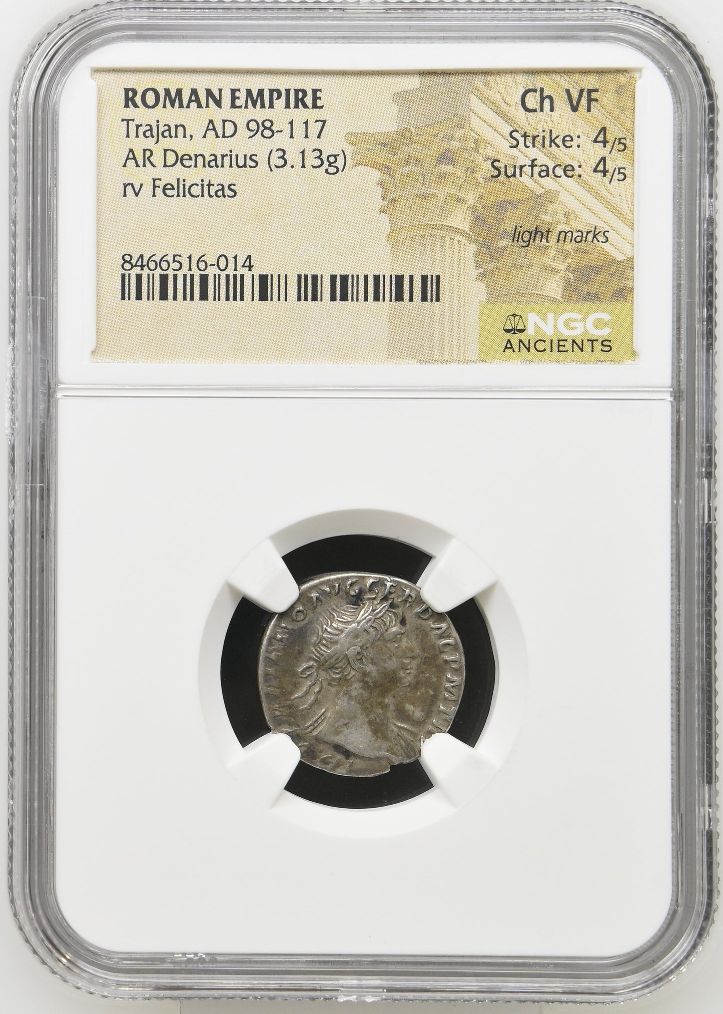 Roman Empire - Trajan - Silver Denarius - NGC Ch VF - RIC:121