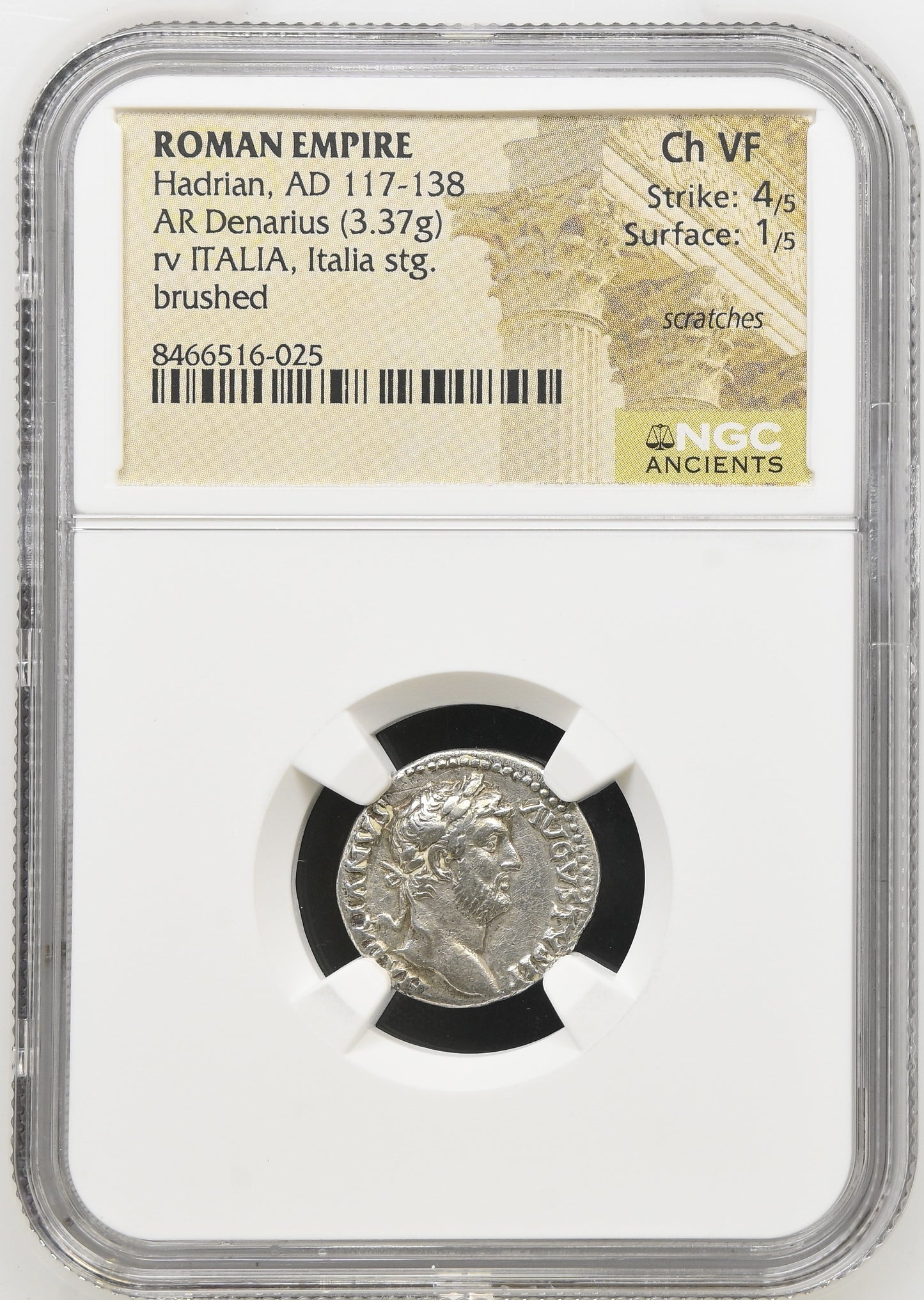 Roman Empire - Hadrian - Silver Denarius - NGC Ch VF - RIC:307
