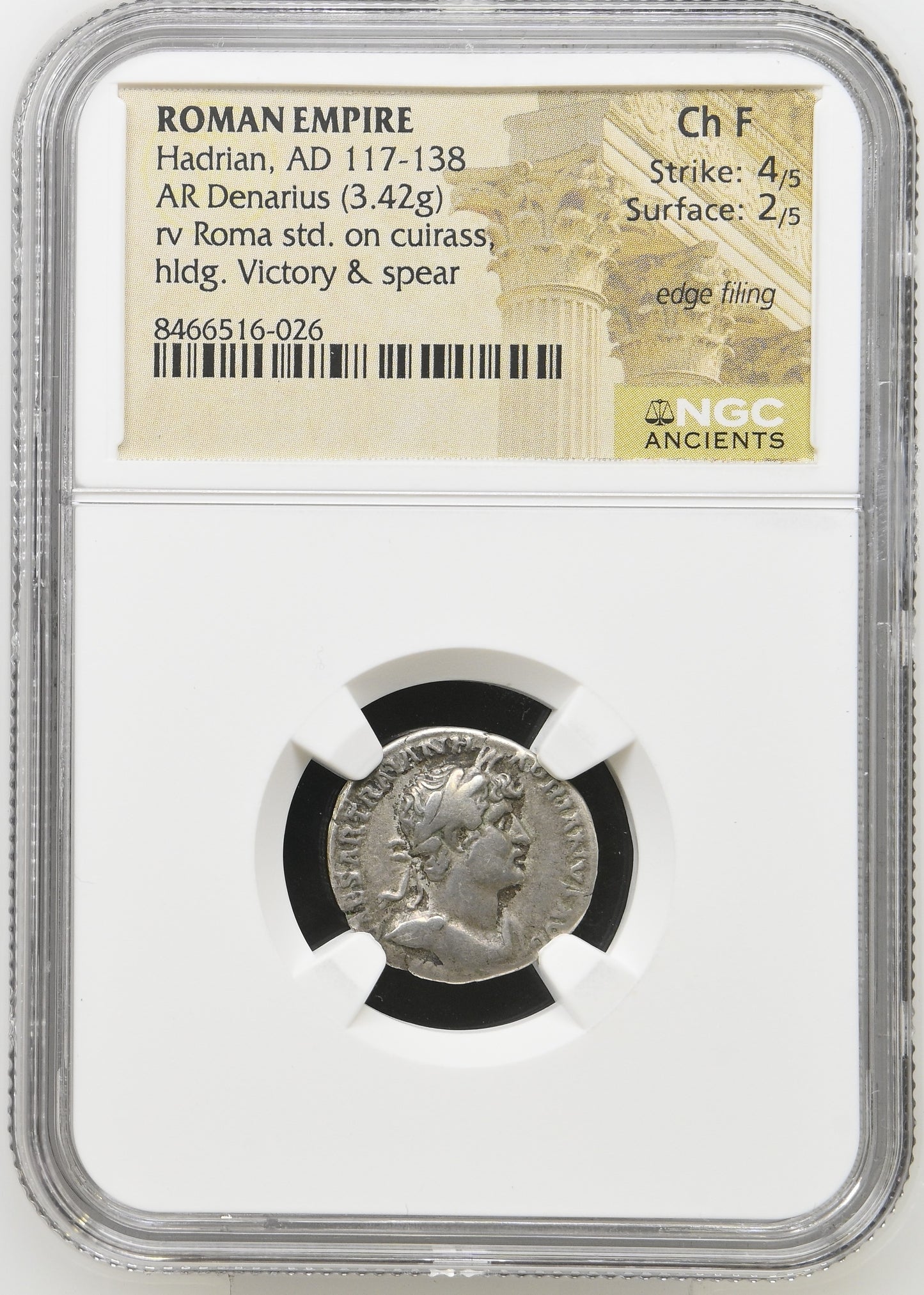 Roman Empire - Hadrian - Silver Denarius - NGC Ch F - RIC:541