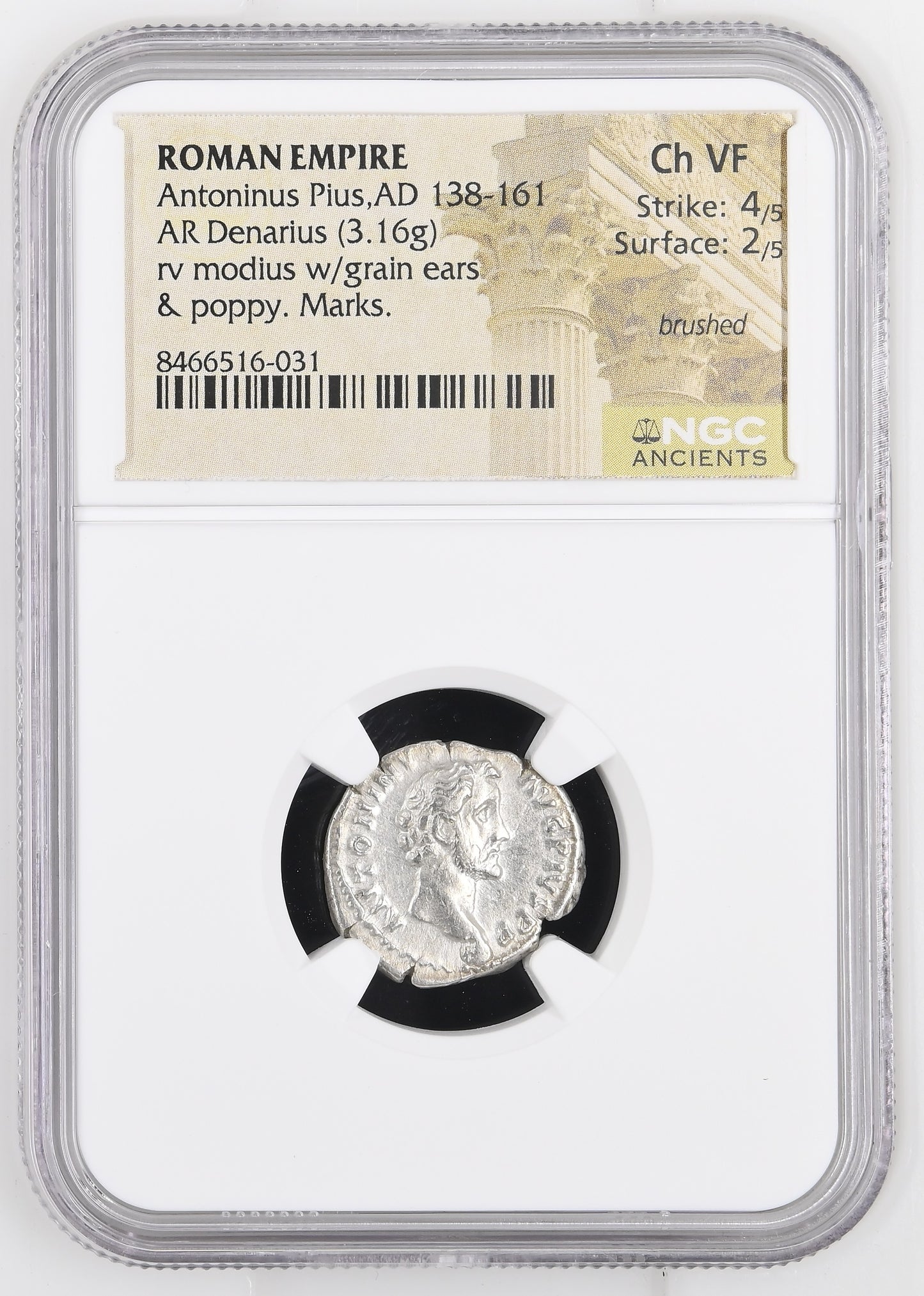 Roman Empire - Antoninus Pius - Silver Denarius - NGC Ch VF - RIC:44