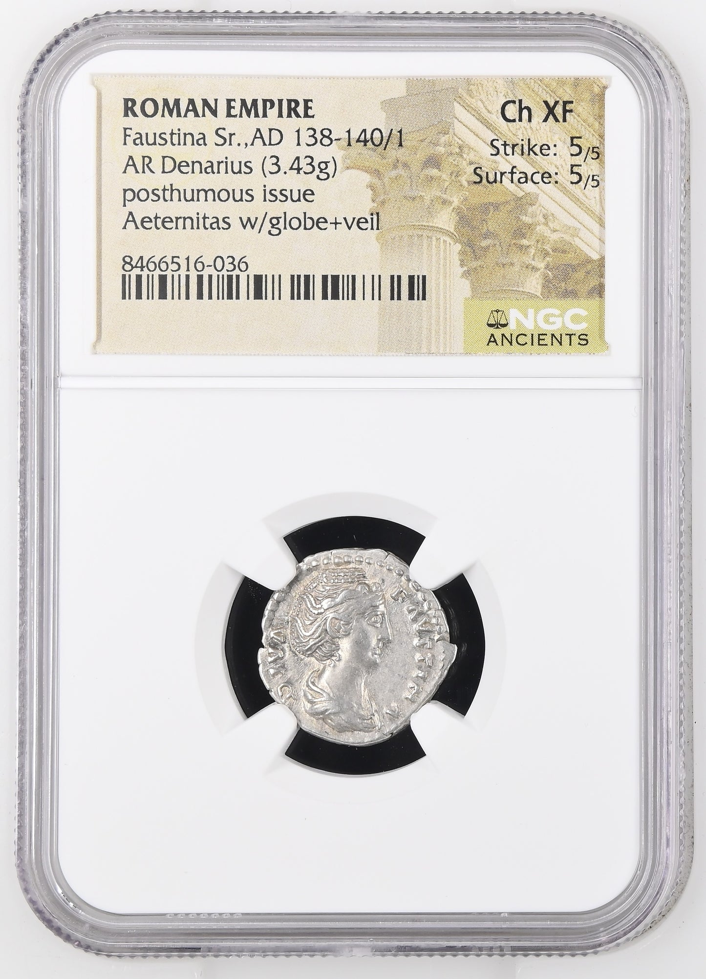 Roman Empire - Faustina I - Silver Denarius - NGC Ch XF - RIC:351