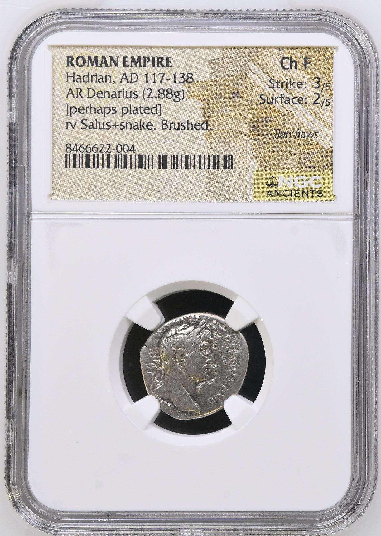 Roman Empire - Hadrian - Perhaps Plated Denarius - NGC Ch F - RIC:374