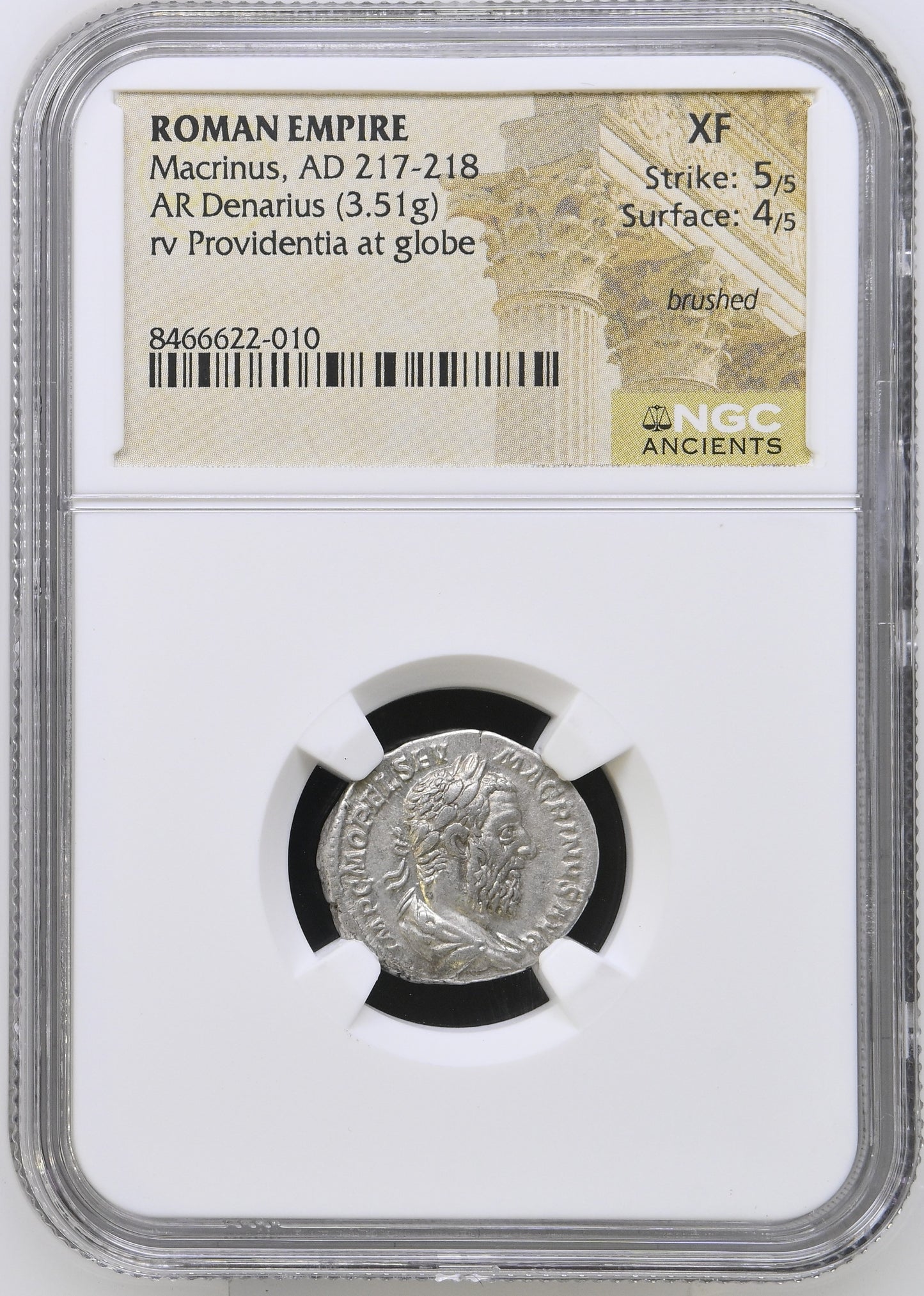 Roman Empire - Macrinus - Silver Denarius - NGC XF - RIC:80