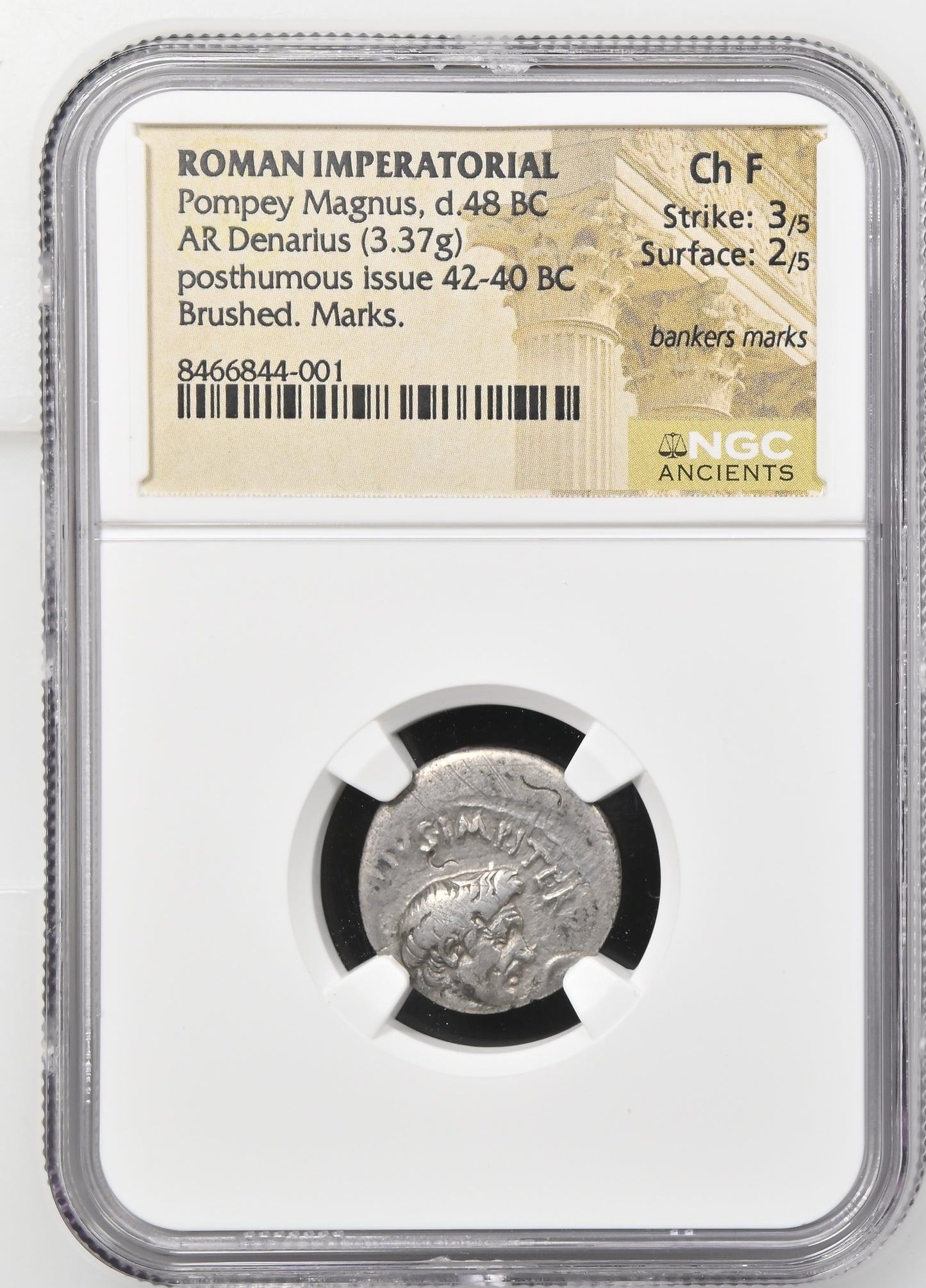 Roman Imperatorial - Pompey Magnus - Silver Denarius - NGC Ch F - Crawf. 511/3a