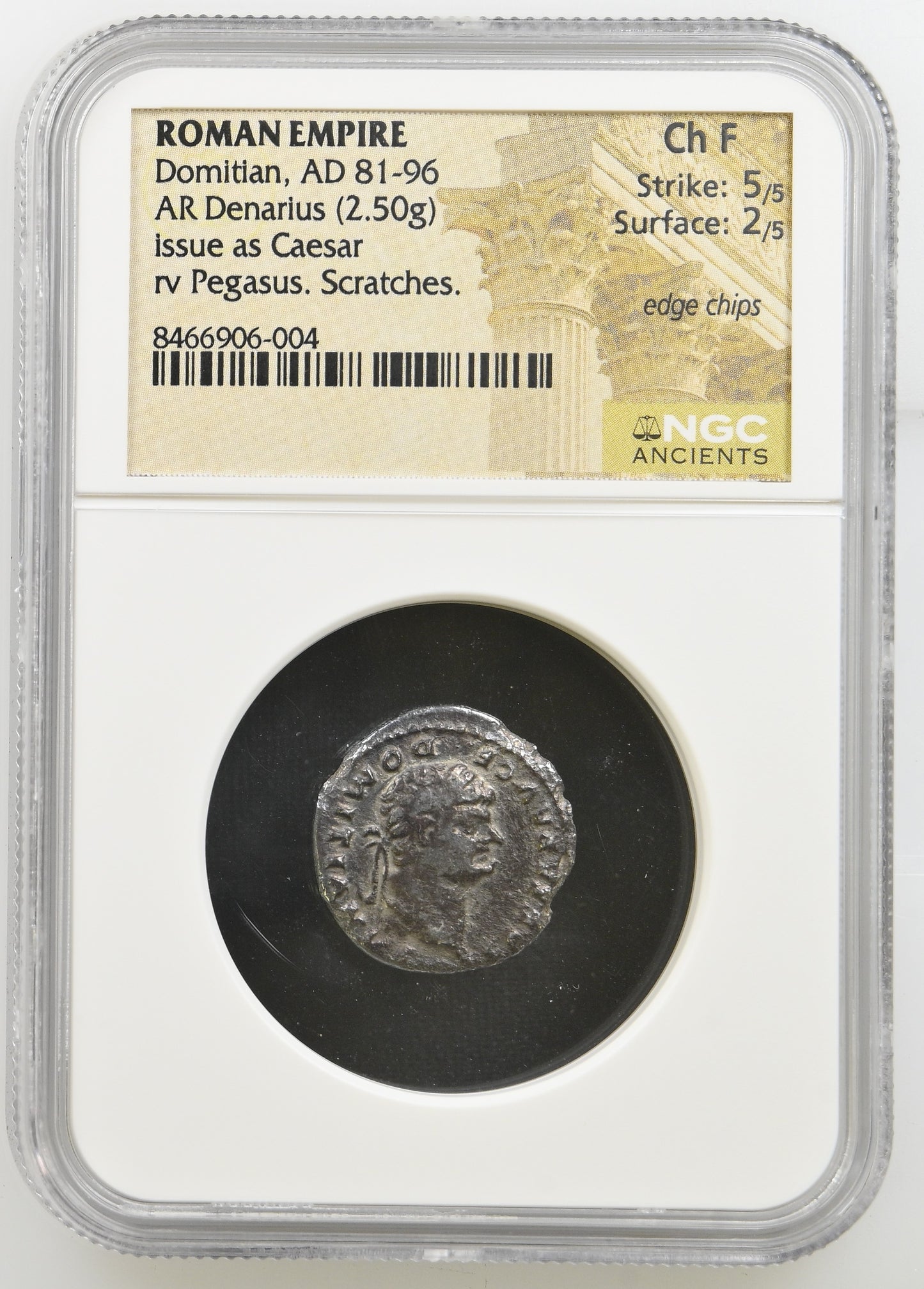 Roman Empire - Domitian - Silver Denarius - NGC Ch F - RIC:921