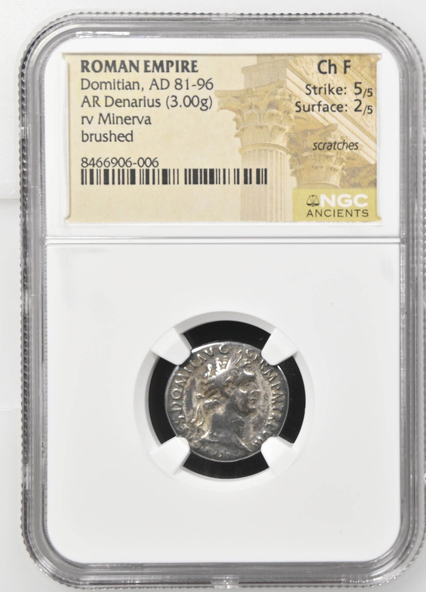 Roman Empire - Domitian - Silver Denarius - NGC Ch F - RIC:789
