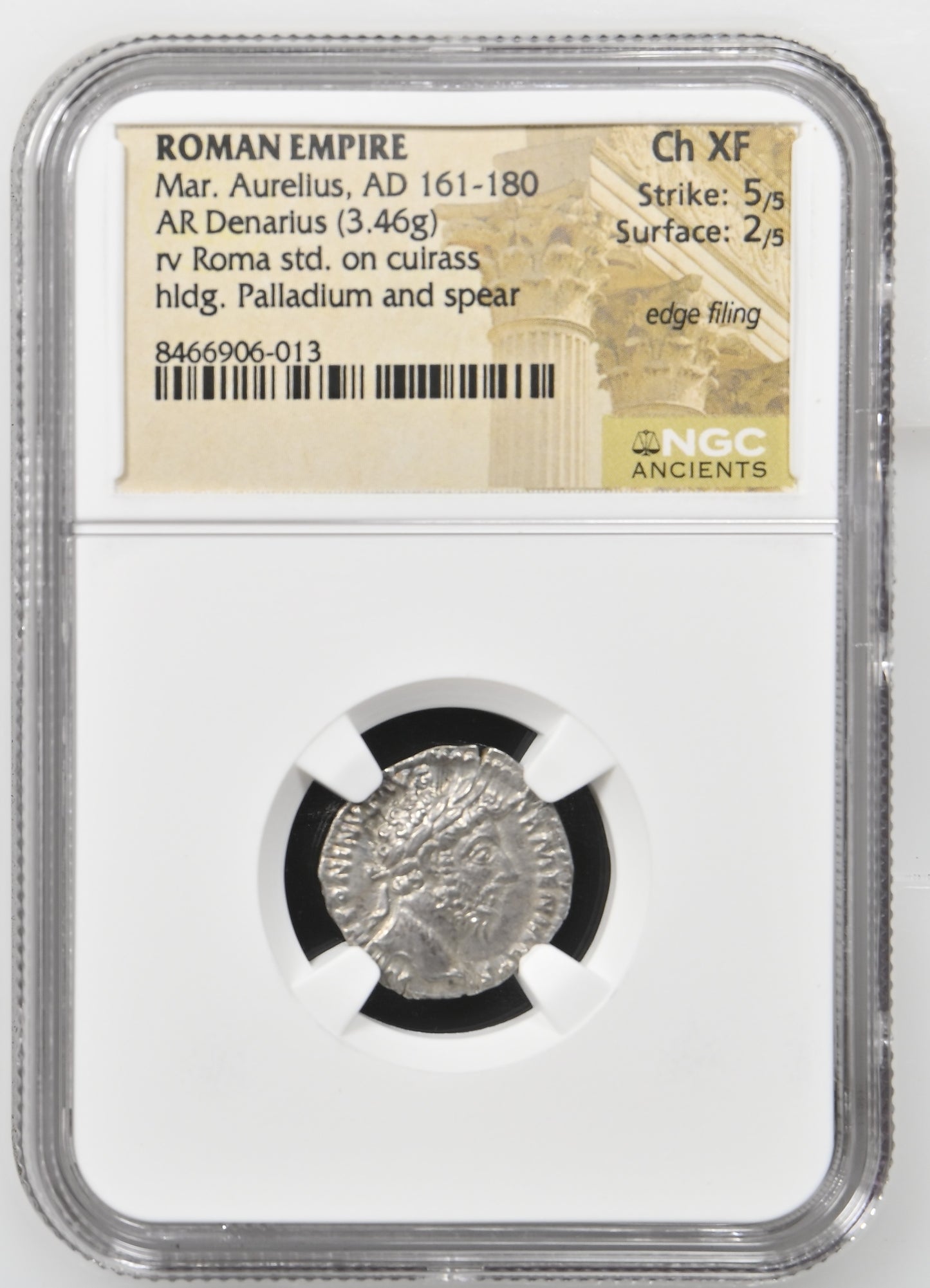 Roman Empire - Marcus Aurelius - Silver Denarius - NGC Ch XF - RIC:138