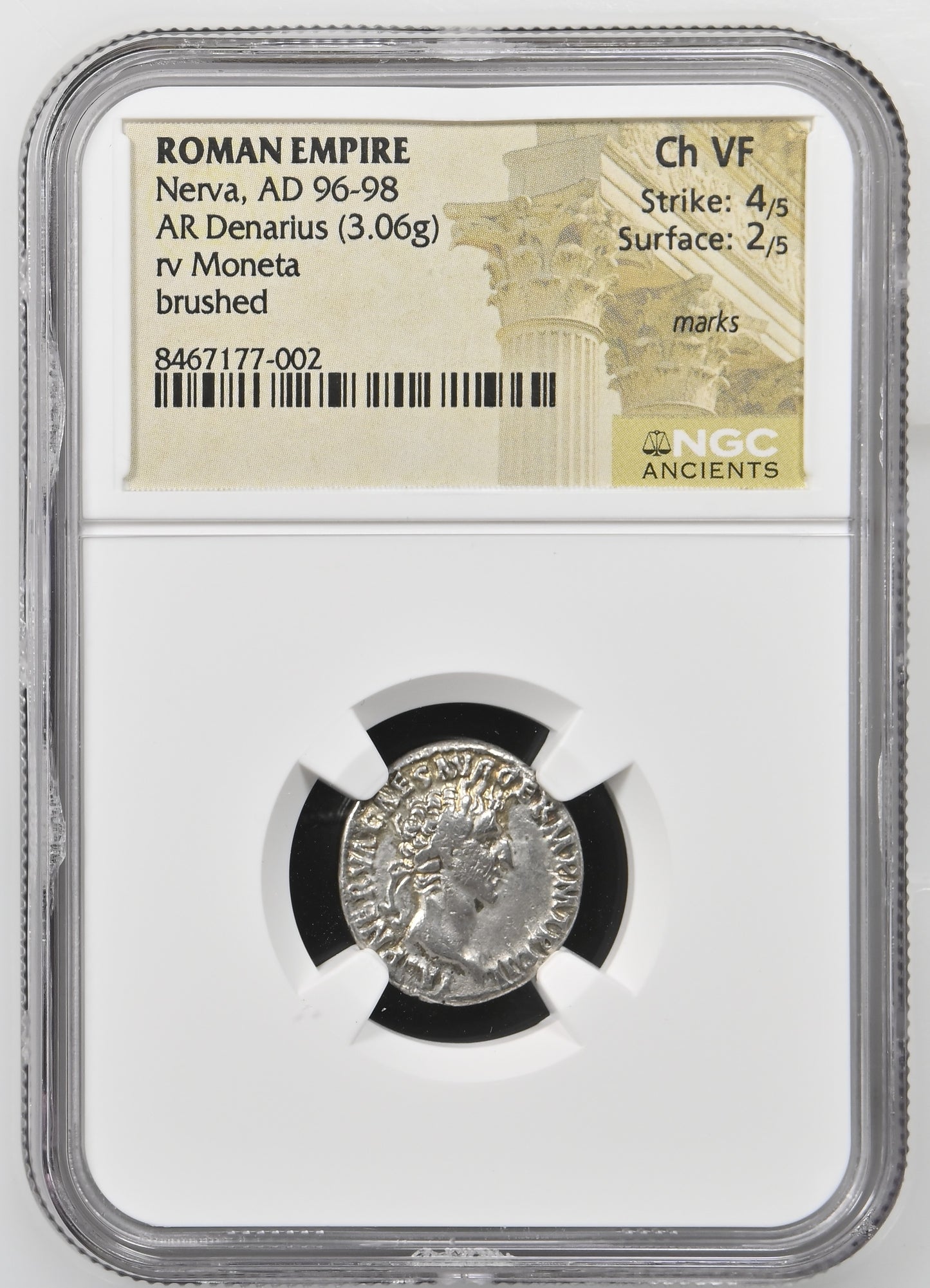 Roman Empire - Nerva - Silver Denarius - NGC Ch VF - RIC:44