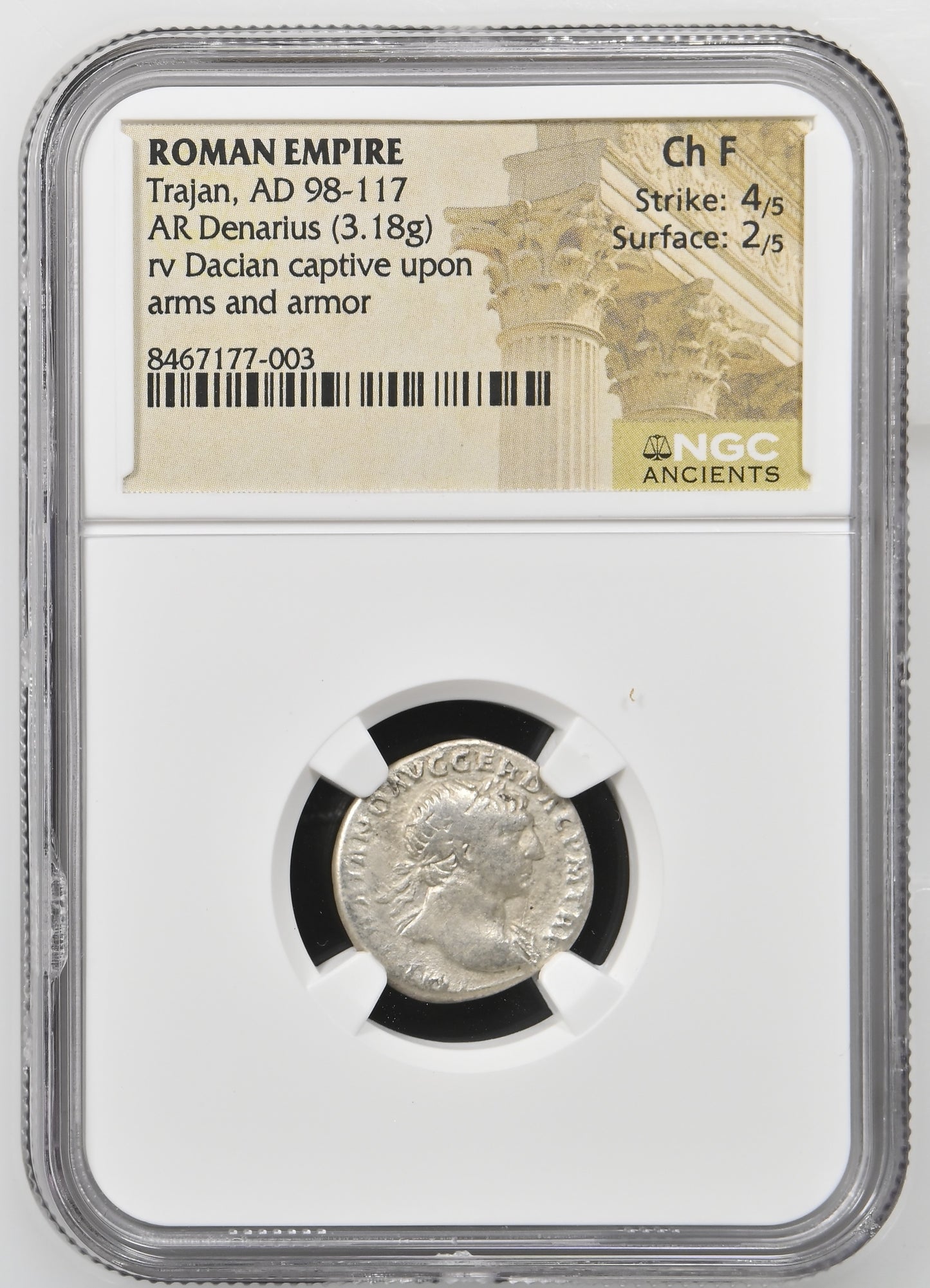 Roman Empire - Trajan - Silver Denarius - NGC Ch F - RIC:98