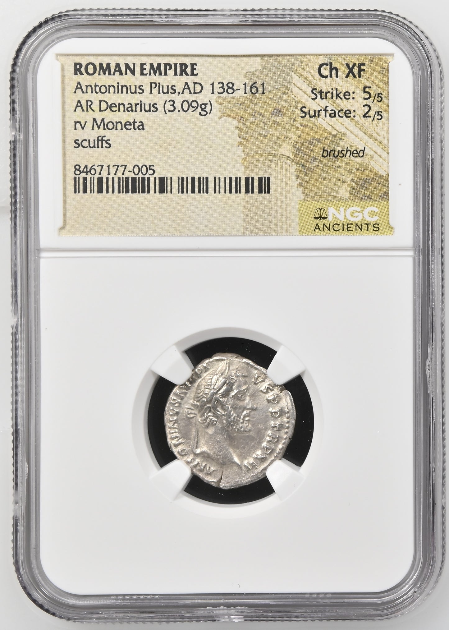 Roman Empire - Antoninus Pius - Silver Denarius - NGC Ch XF - RIC:177d