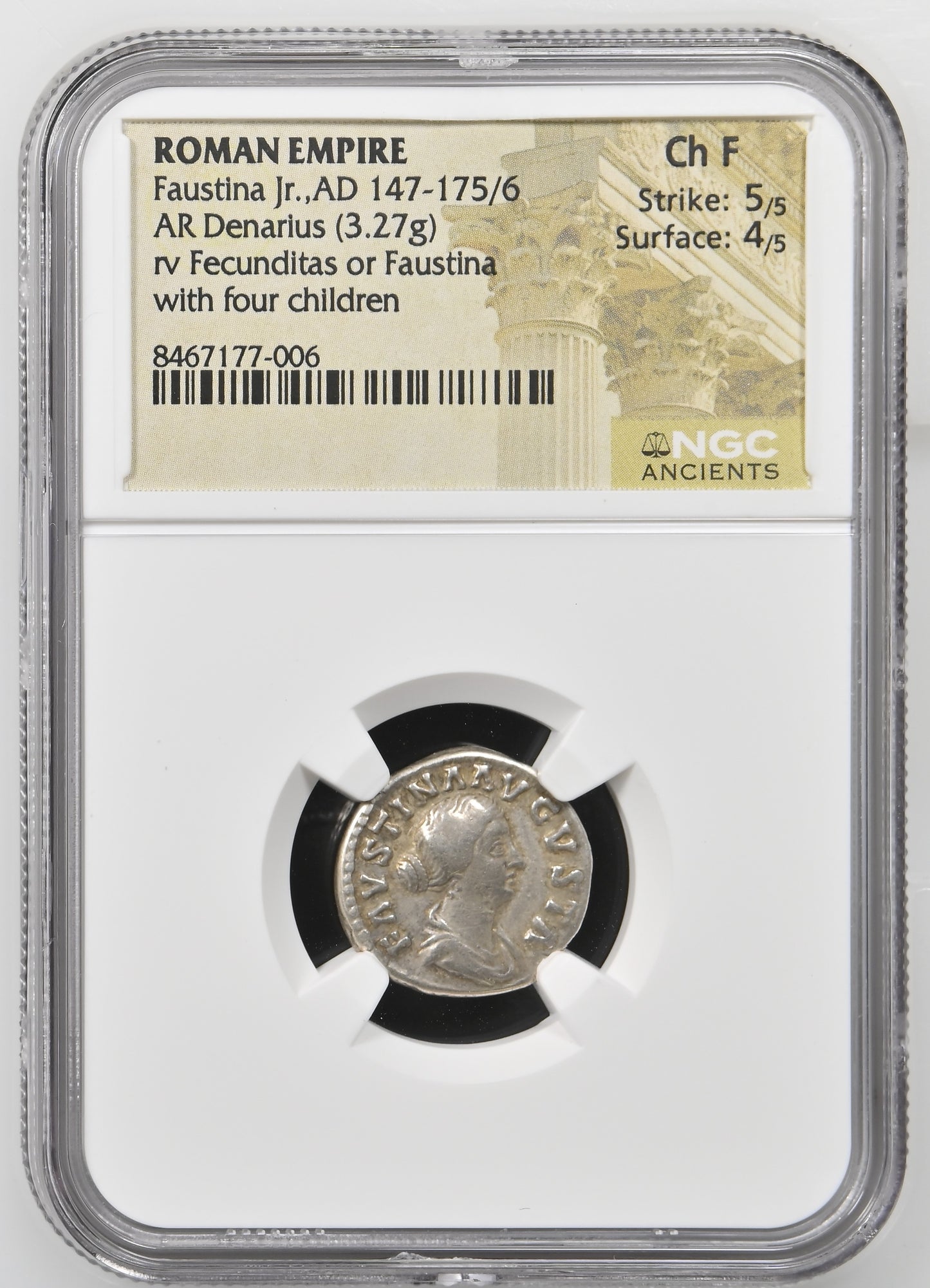 Roman Empire - Faustina II - Silver Denarius - NGC Ch F - RIC:677