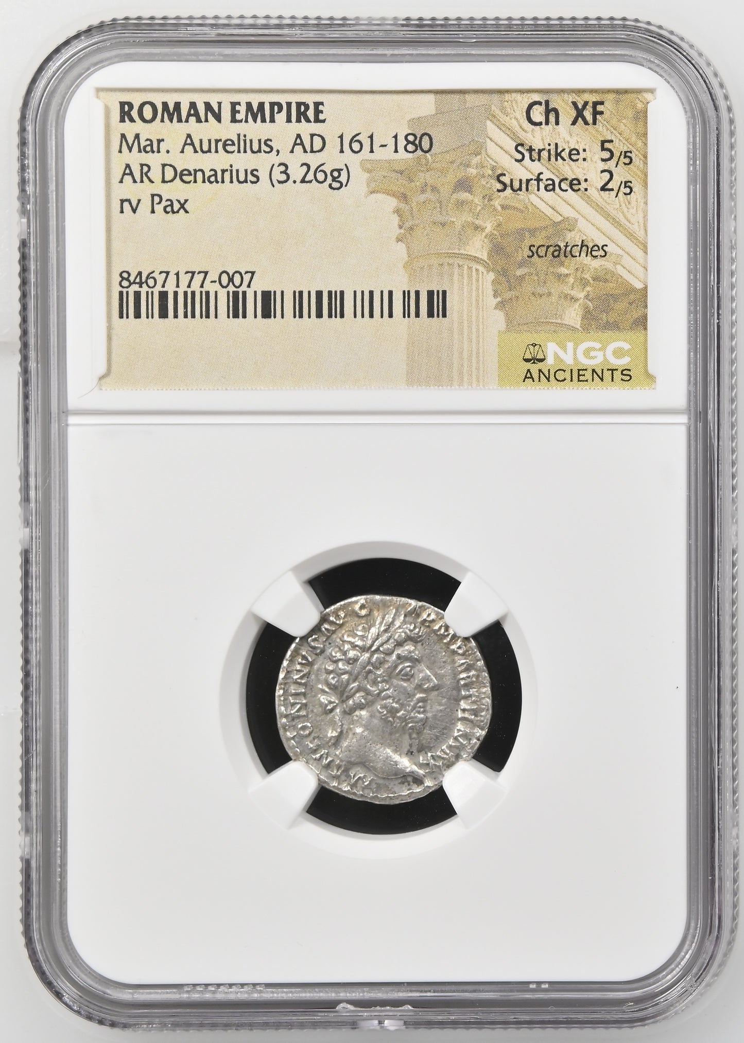Roman Empire - Marcus Aurelius - Silver Denarius - NGC Ch XF - RIC:164