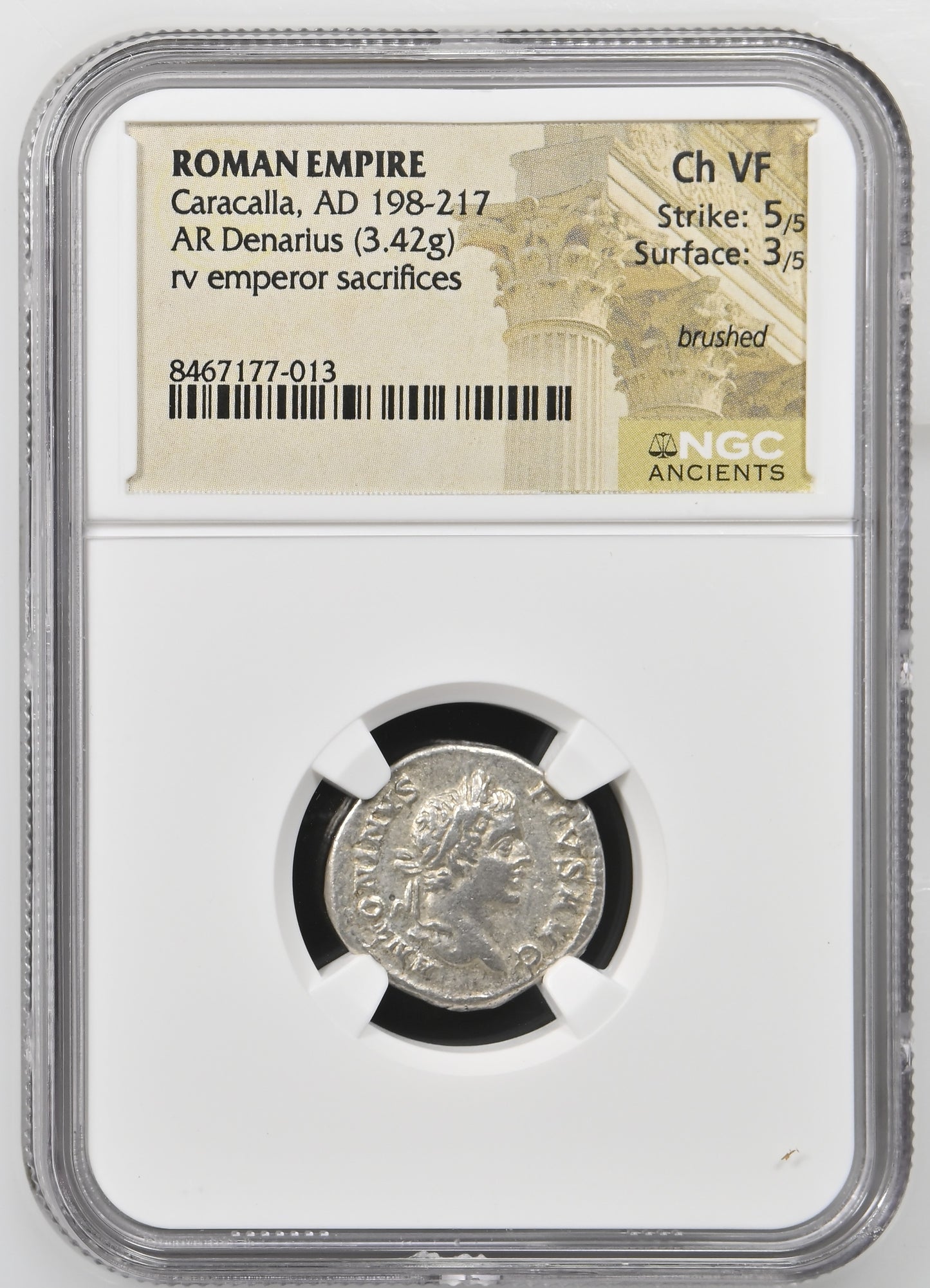 Roman Empire - Caracalla - Silver Denarius - NGC Ch VF - RIC:179