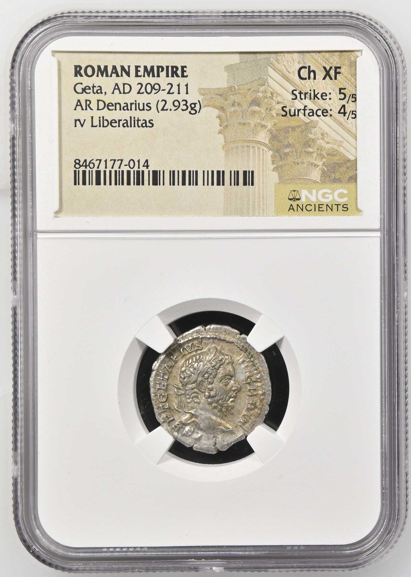 Roman Empire - Geta - Silver Denarius - NGC Ch XF - RIC:88