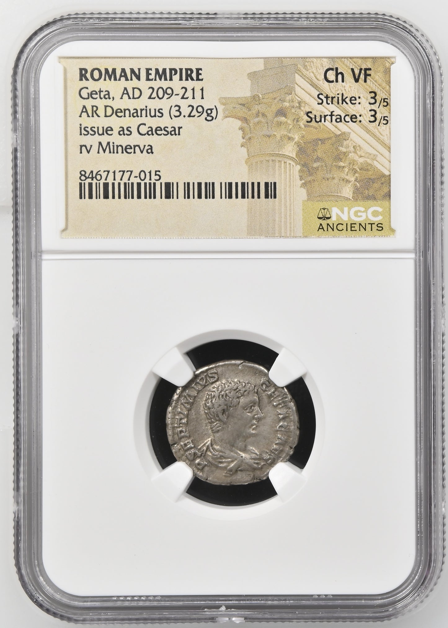 Roman Empire - Geta - Silver Denarius - NGC Ch VF - RIC:30