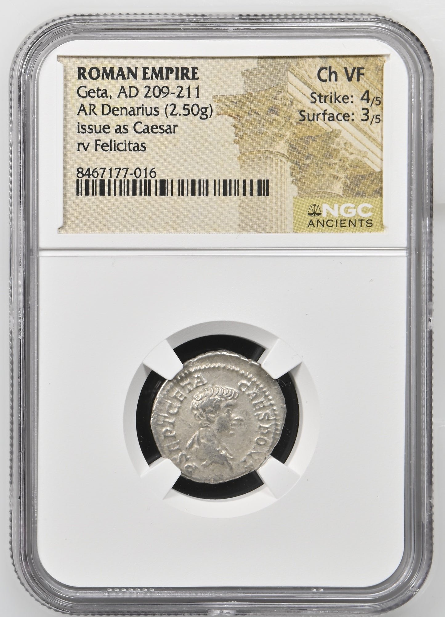 Roman Empire - Geta - Silver Denarius - NGC Ch VF - RIC:9a