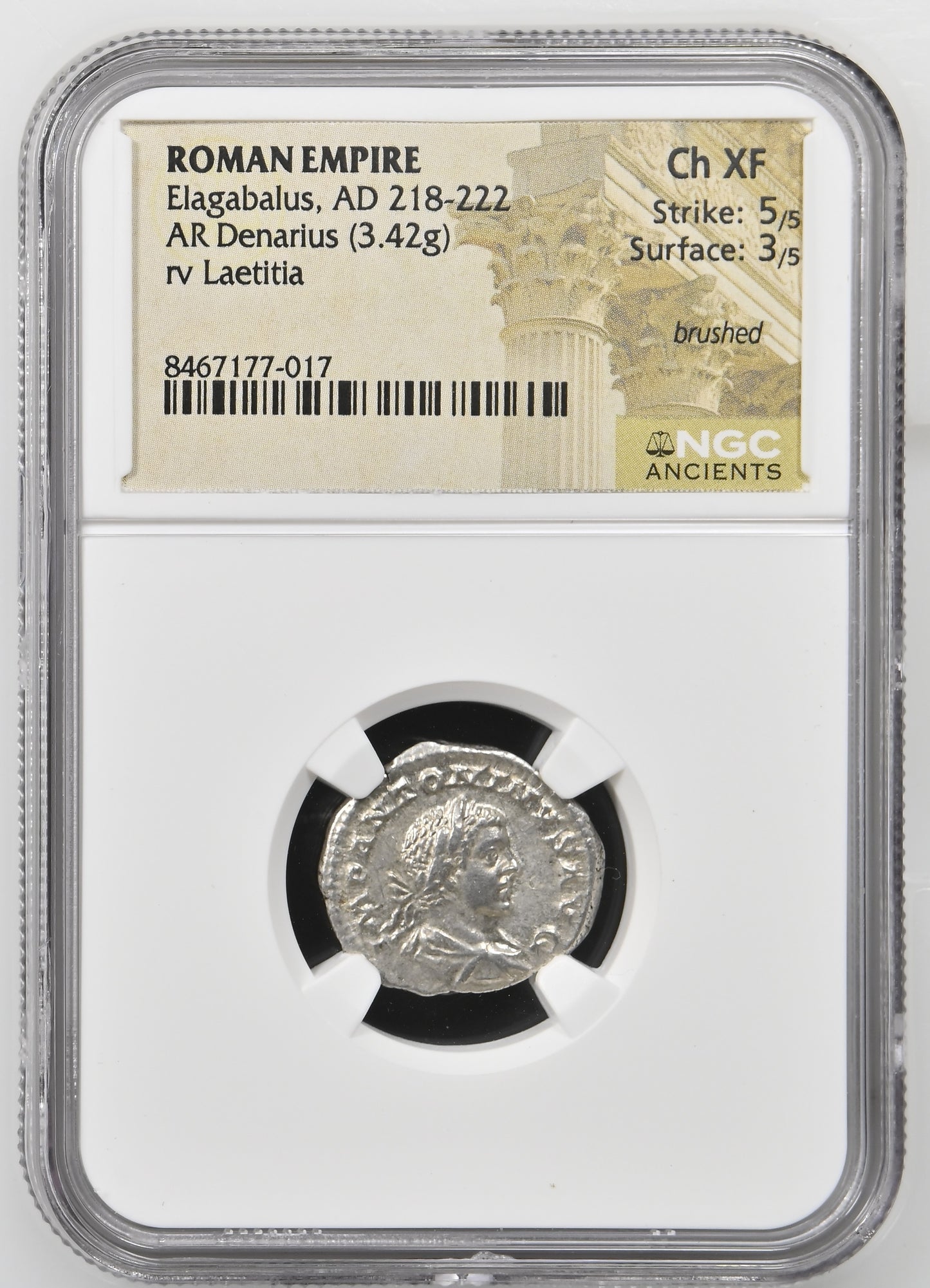 Roman Empire - Elagabalus - Silver Denarius - NGC Ch XF - RIC:95b