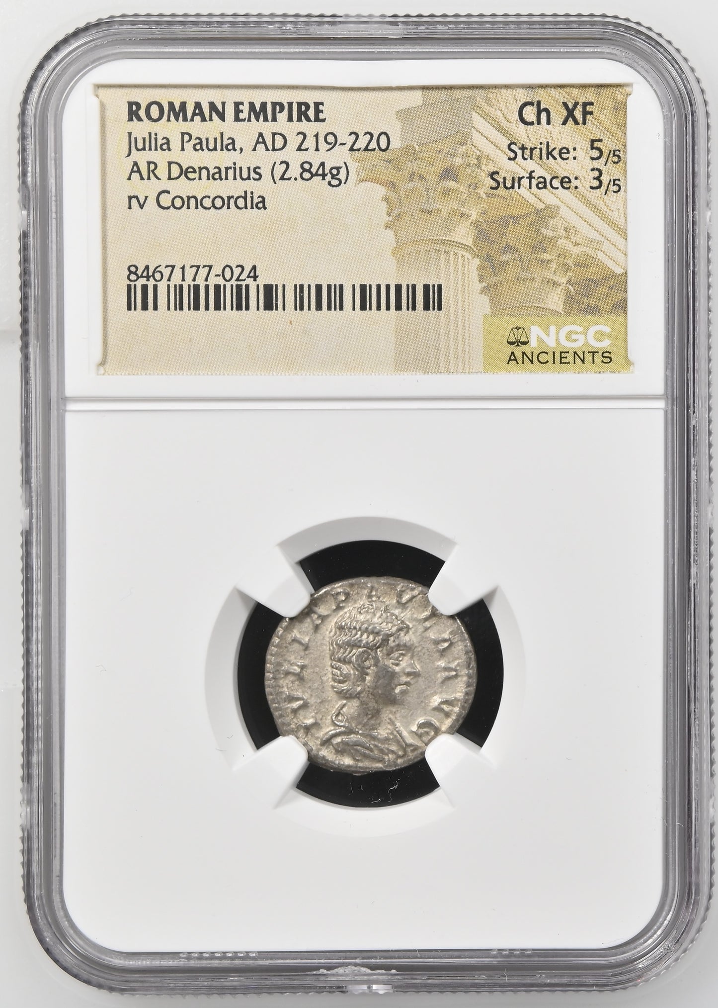 Roman Empire - Julia Paula - Silver Denarius - NGC Ch XF - RIC:211