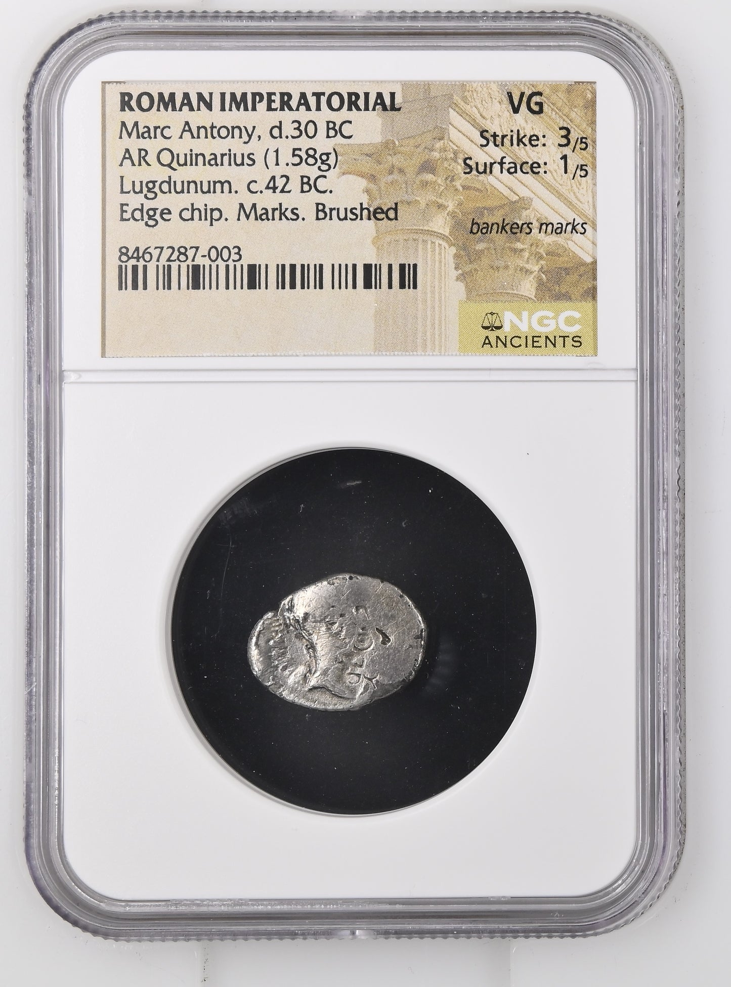 Roman Imperatorial - Marc Antony - Silver Quinarius - NGC VG - Crawf. 489/6