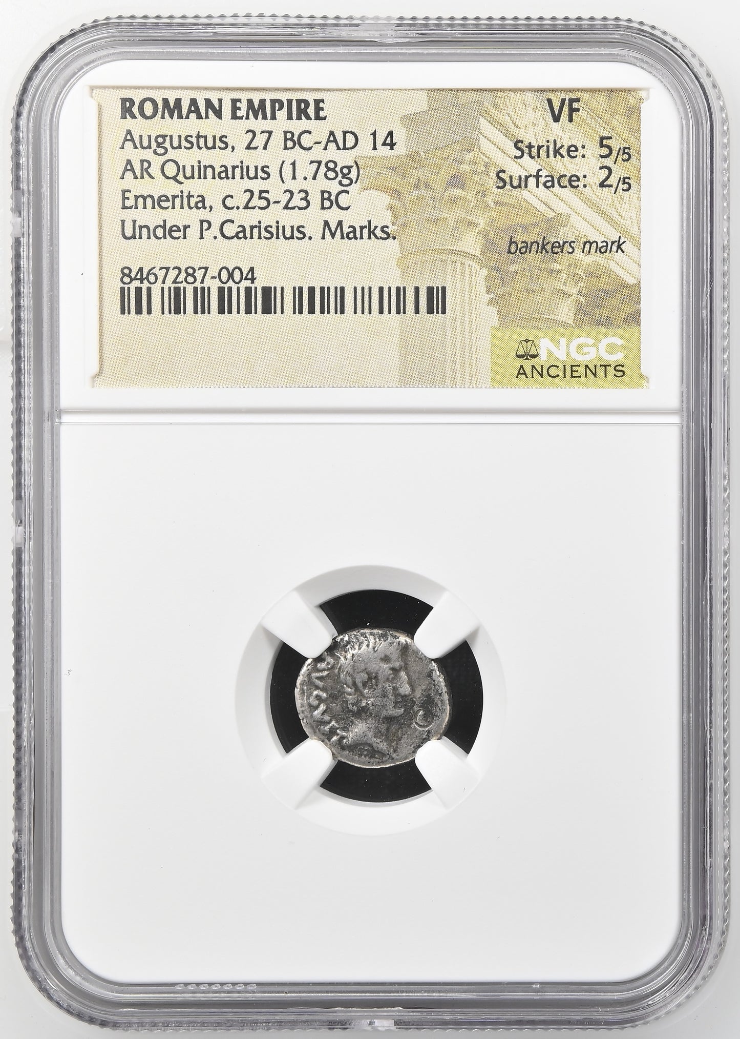 Roman Empire - Augustus - Silver Quinarius - NGC VF - RIC:1a