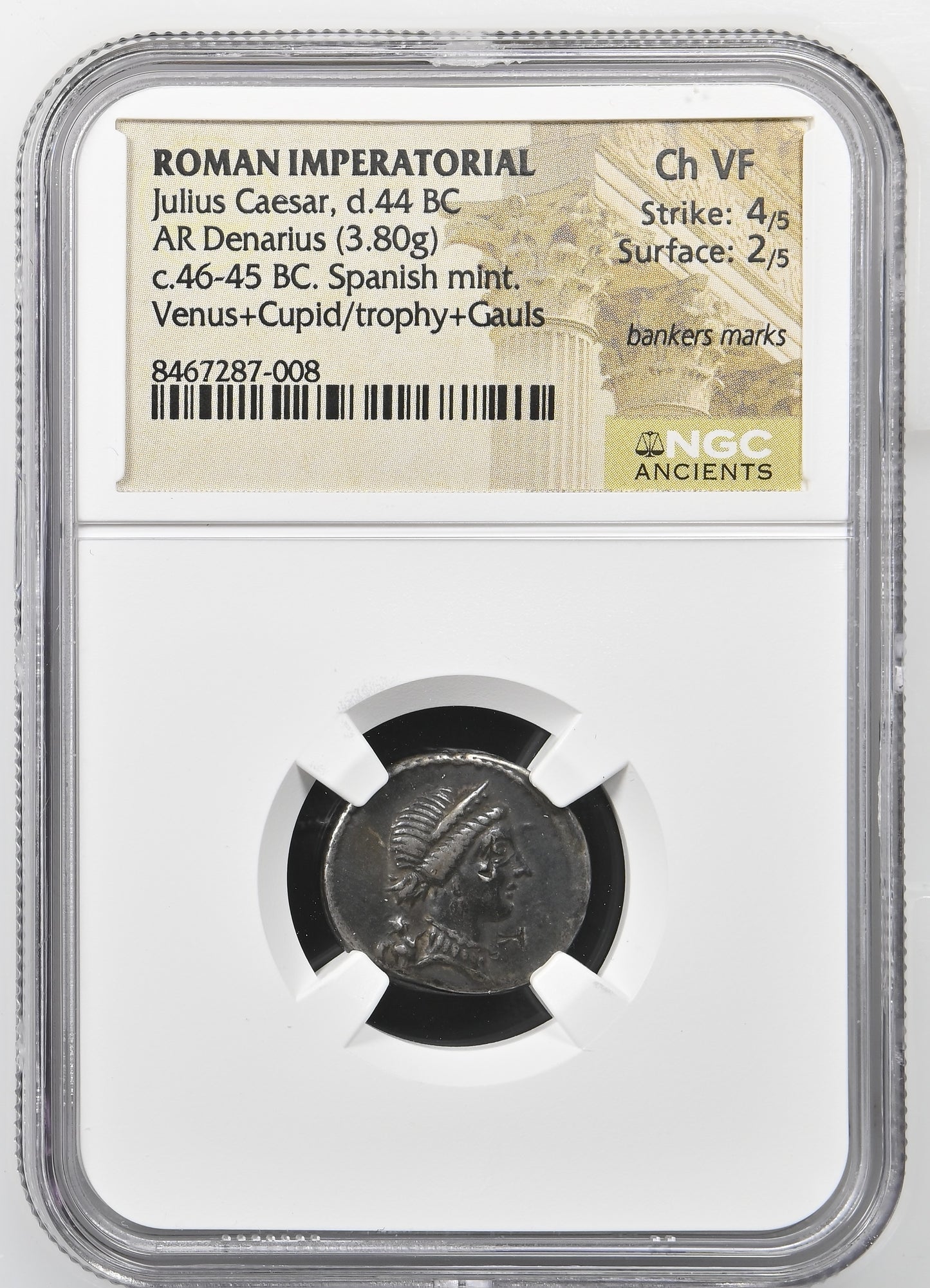 Roman Imperatorial - Julius Caesar - Silver Denarius - NGC Ch VF - Crawf. 468/1