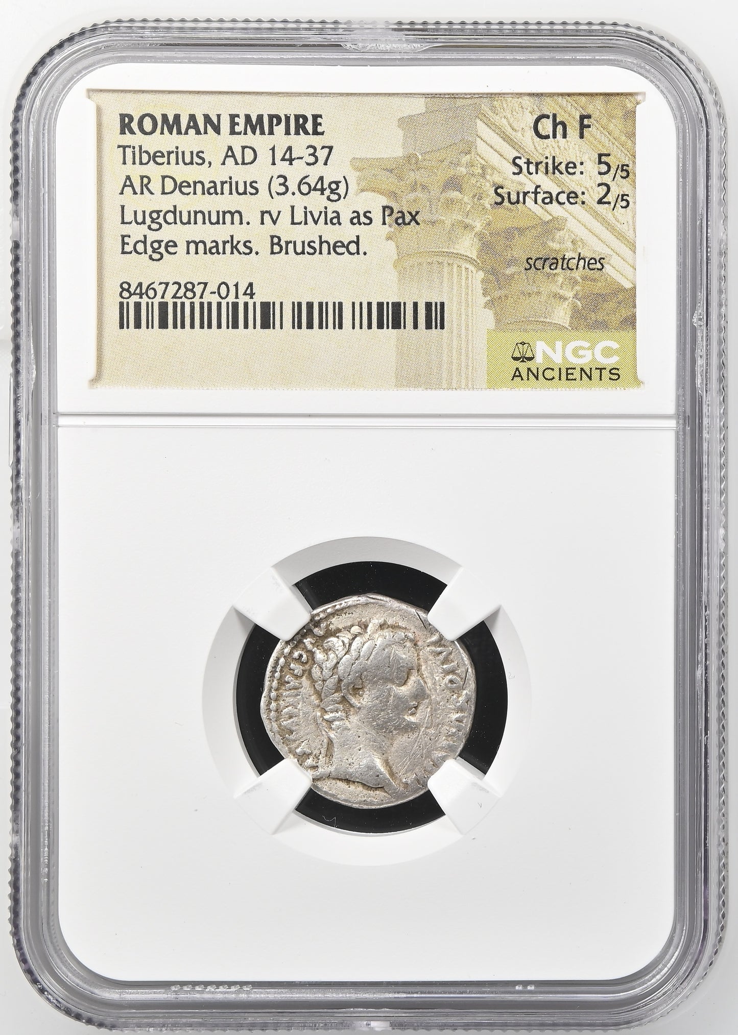 Roman Empire - Tiberius - Silver Denarius - NGC Ch F - RIC:26