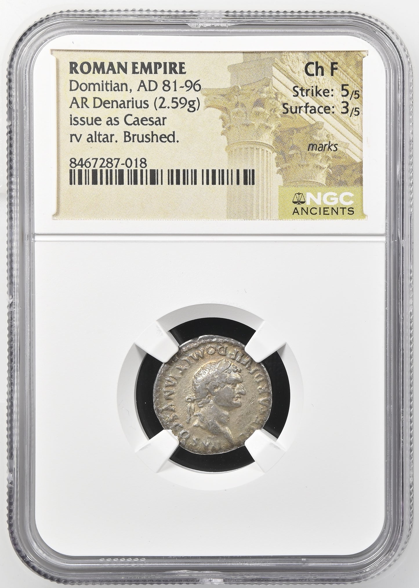 Roman Empire - Domitian - Silver Denarius - NGC Ch F - RIC:266
