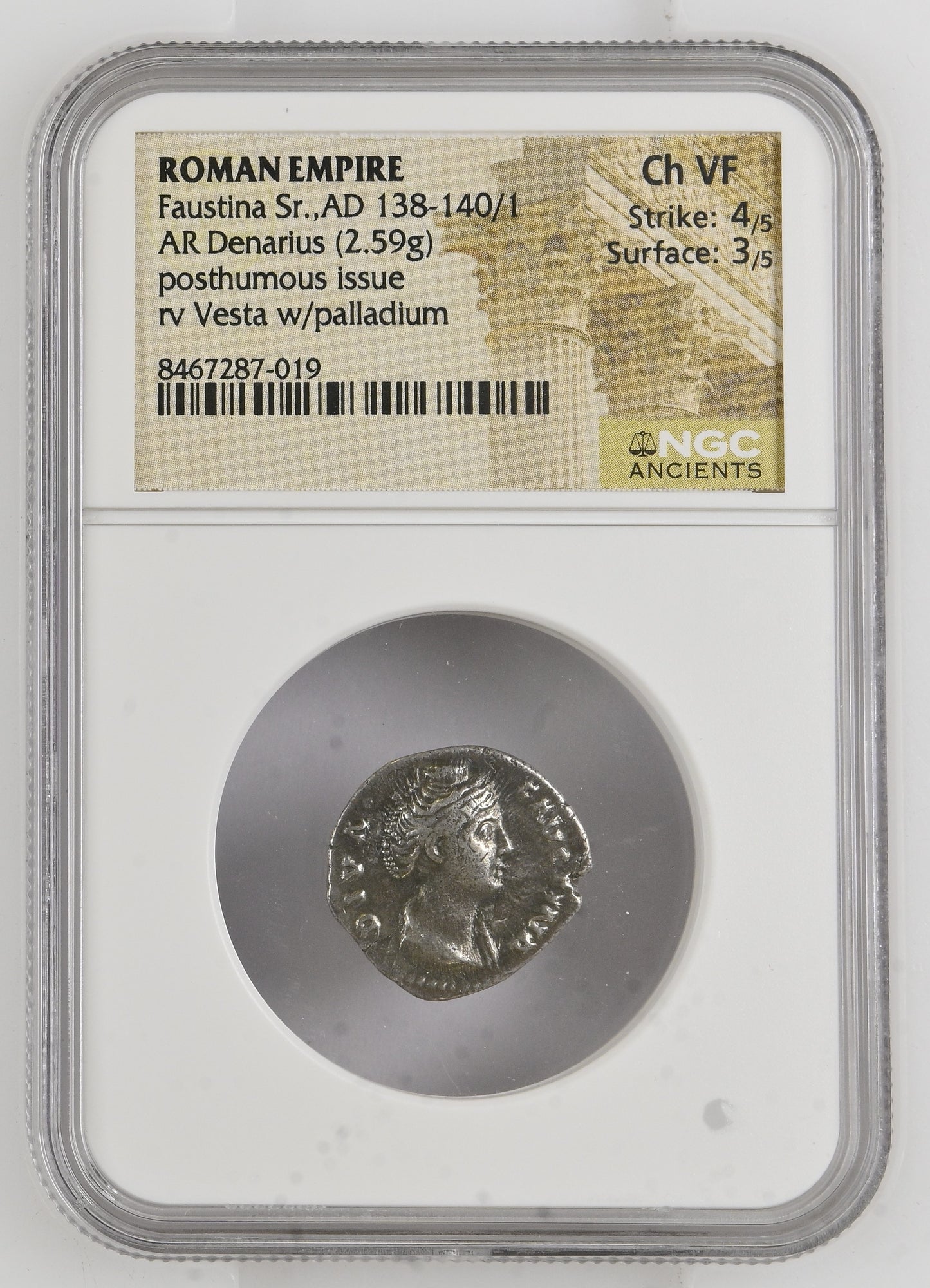 Roman Empire - Faustina I - Silver Denarius - NGC Ch VF - RIC:368