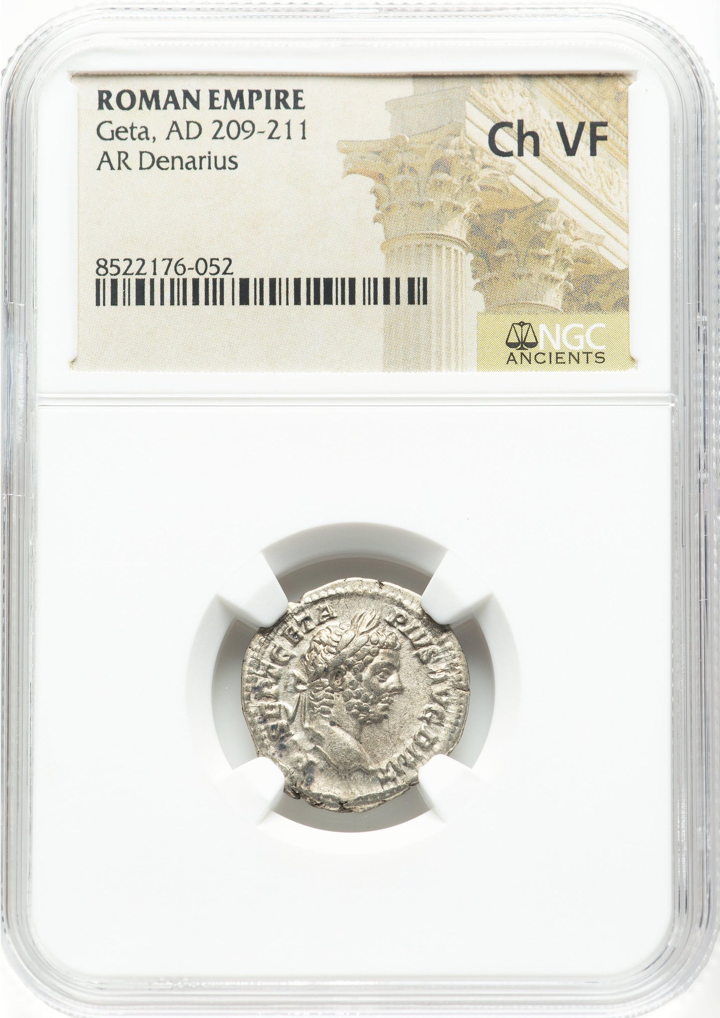 Roman Empire - Geta - Silver Denarius - NGC Ch VF