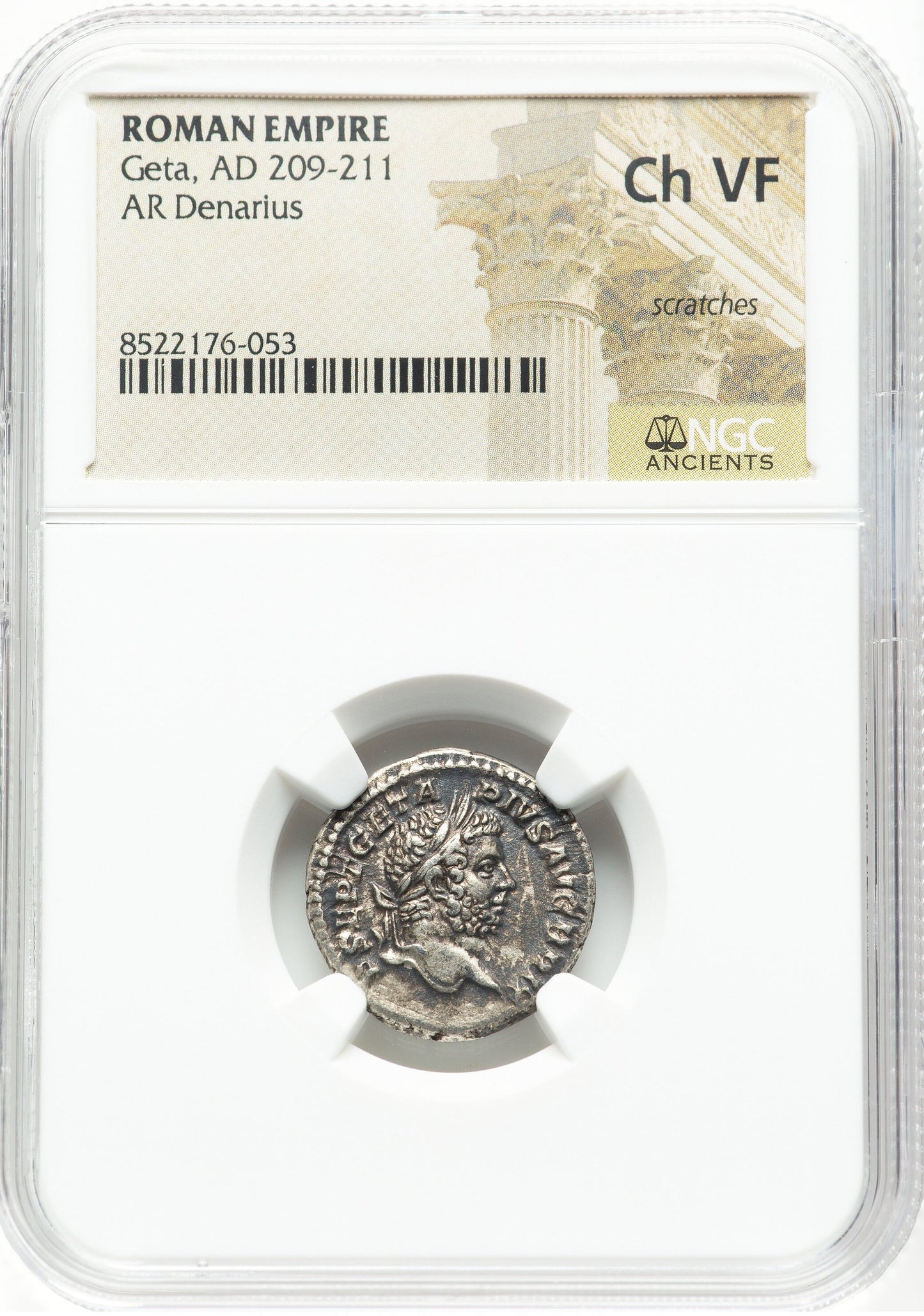Roman Empire - Geta - Silver Denarius - NGC Ch VF