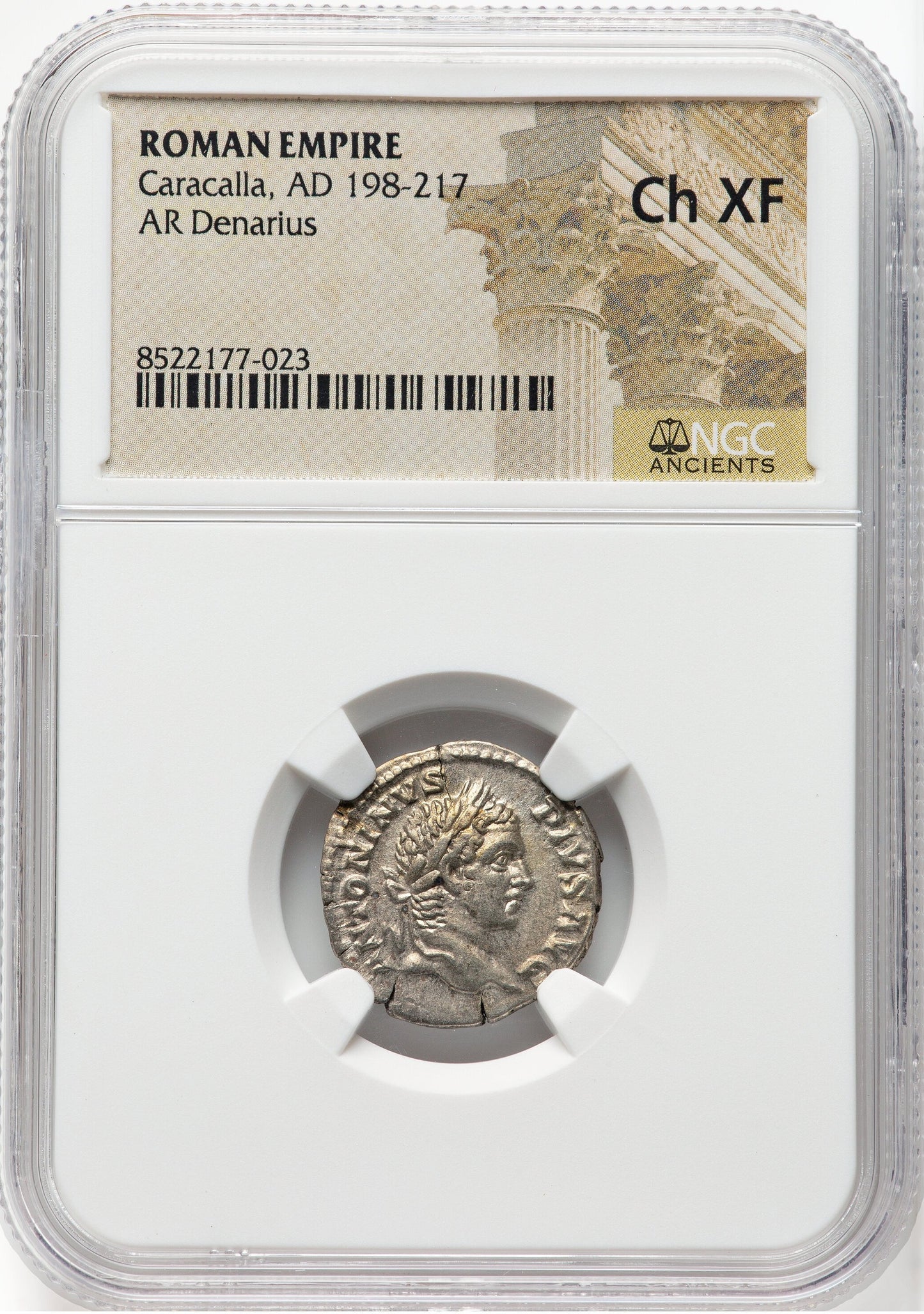 Roman Empire - Caracalla - Silver Denarius - NGC Ch XF