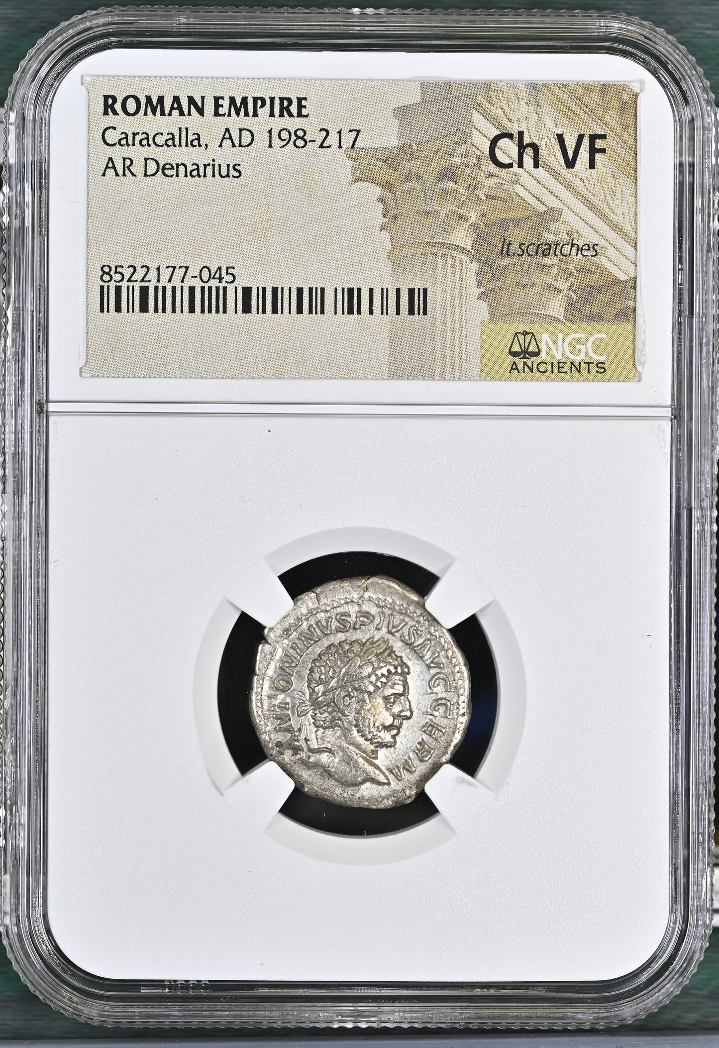 Roman Empire - Caracalla - Silver Denarius - NGC Ch VF