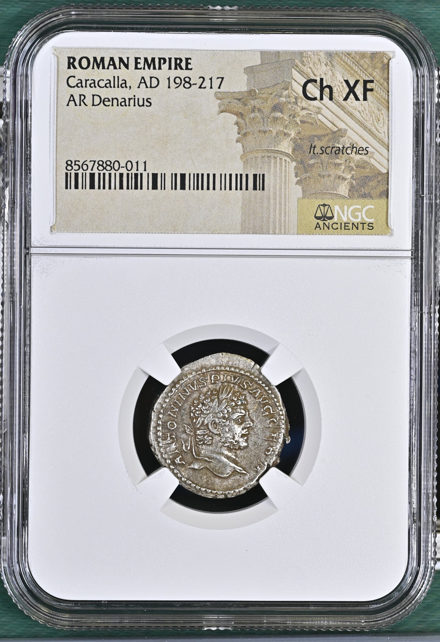 Roman Empire - Caracalla - Silver Denarius - NGC Ch XF