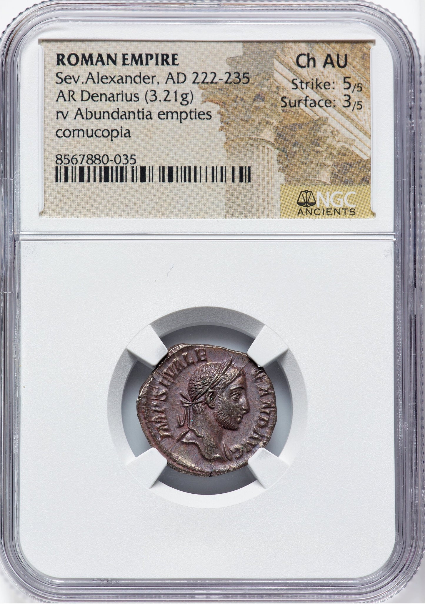 Roman Empire - Severus Alexander - Silver Denarius - NGC Ch AU - RIC:185