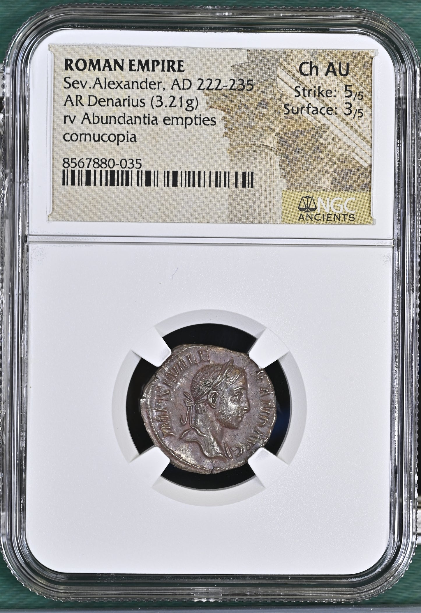 Roman Empire - Severus Alexander - Silver Denarius - NGC Ch AU - RIC:185