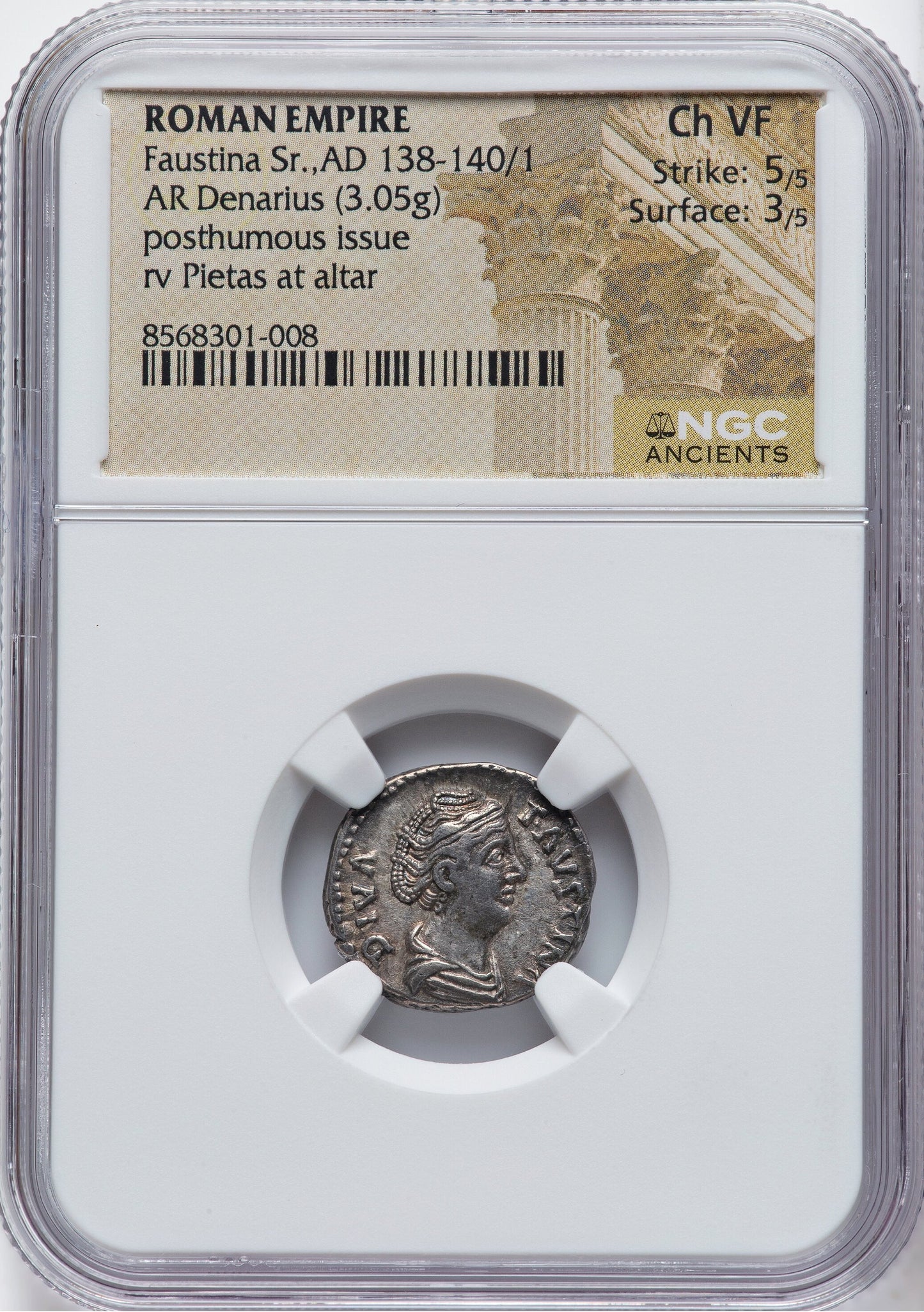 Roman Empire - Faustina I - Silver Denarius - NGC Ch VF - RIC:373