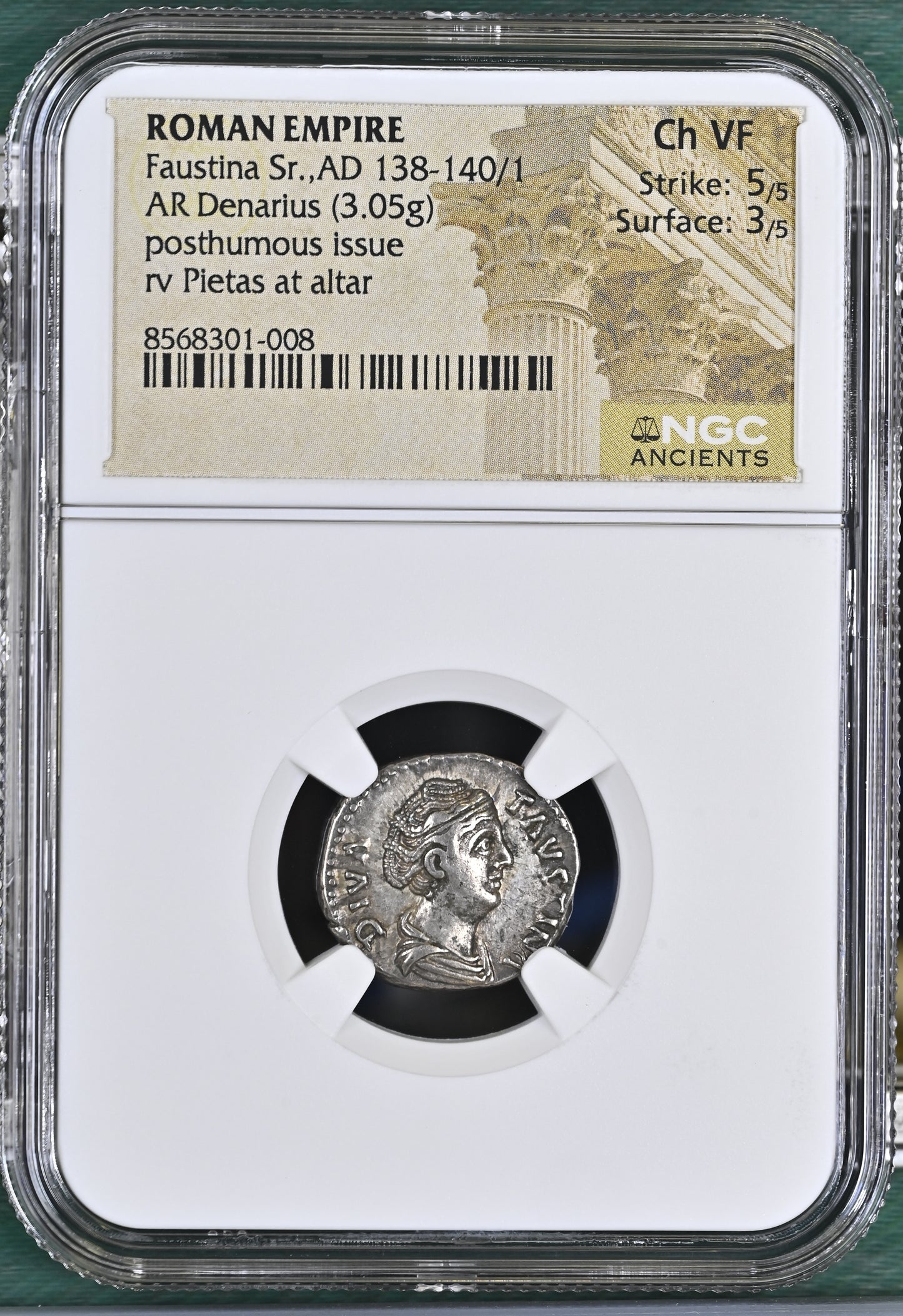 Roman Empire - Faustina I - Silver Denarius - NGC Ch VF - RIC:373