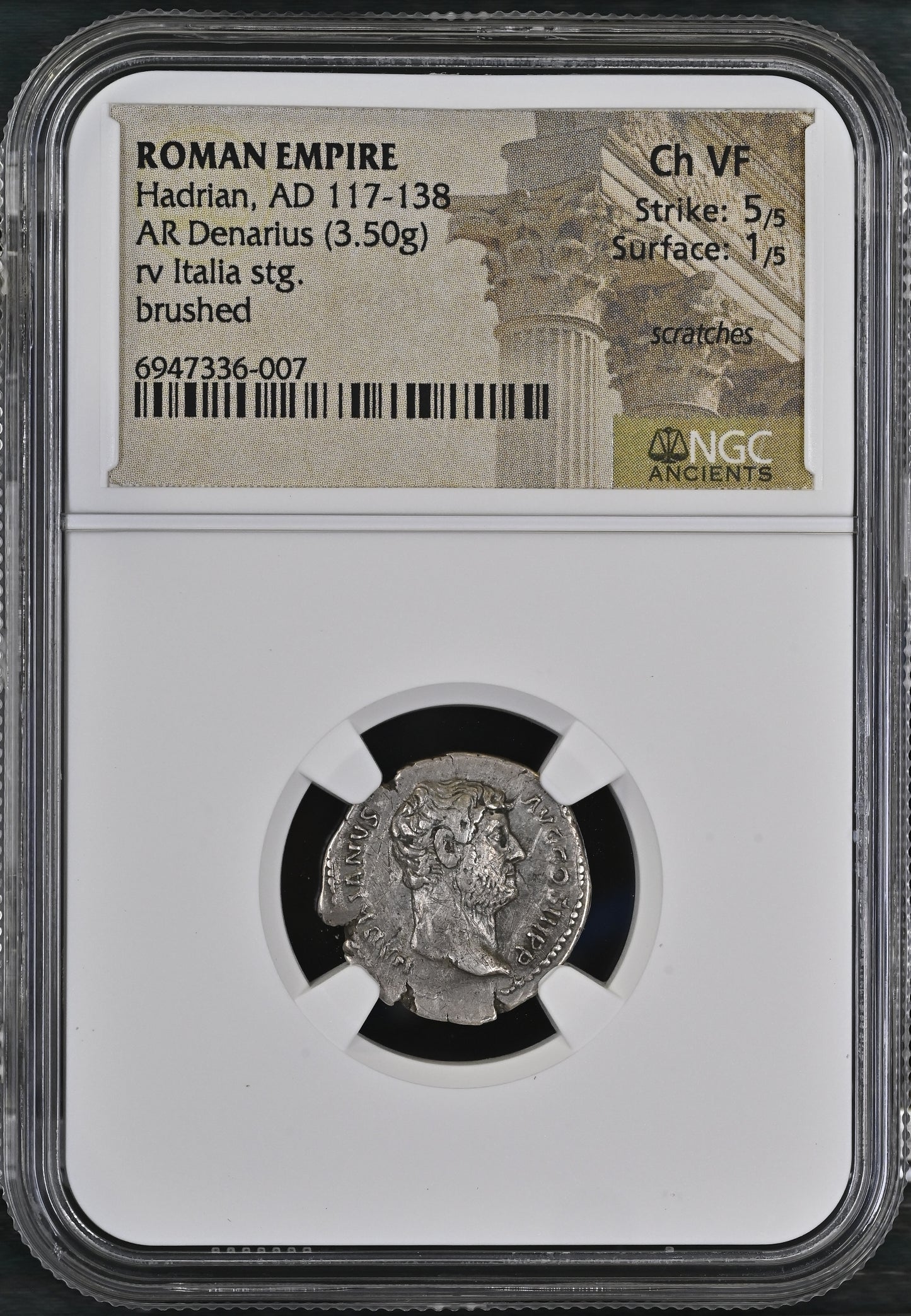 Roman Empire - Hadrian - Silver Denarius - NGC Ch VF - RIC:1541